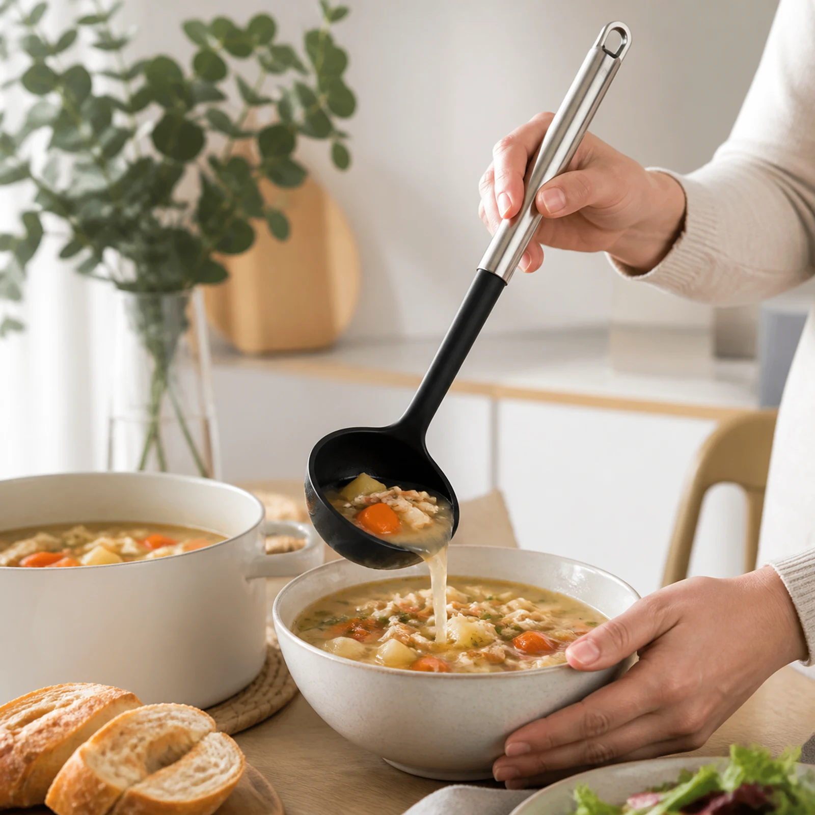 Cucharon de nylon sirviendo sopa en un tazon