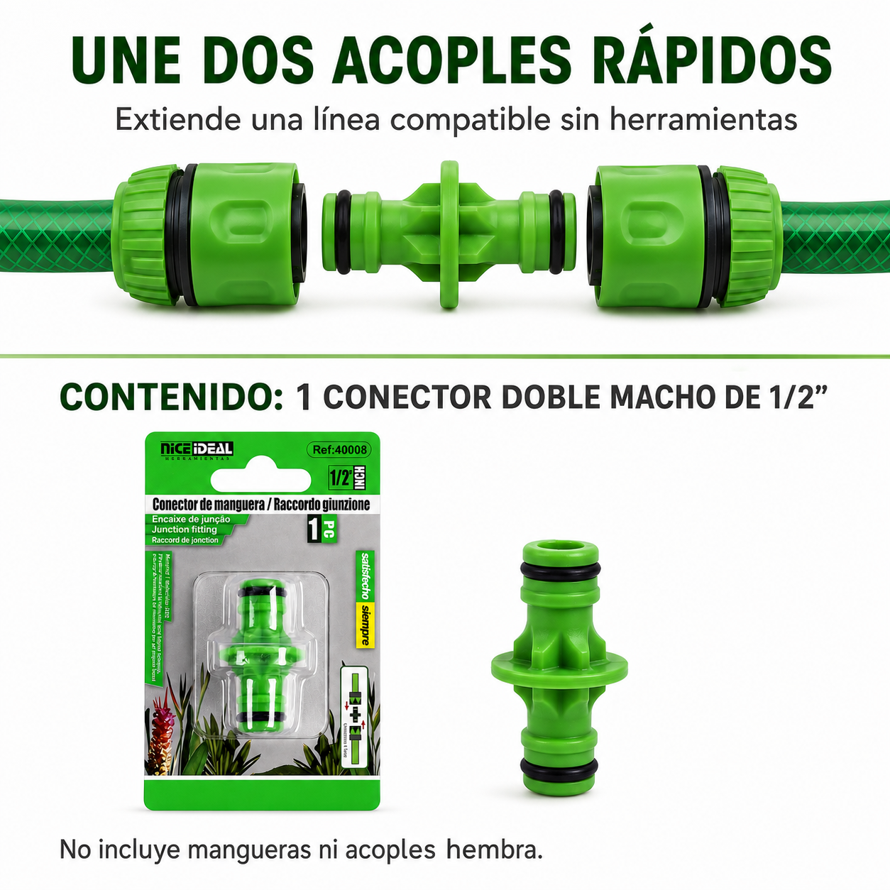 Beneficio de unión rápida y contenido: un conector doble macho de 1/2 pulgada