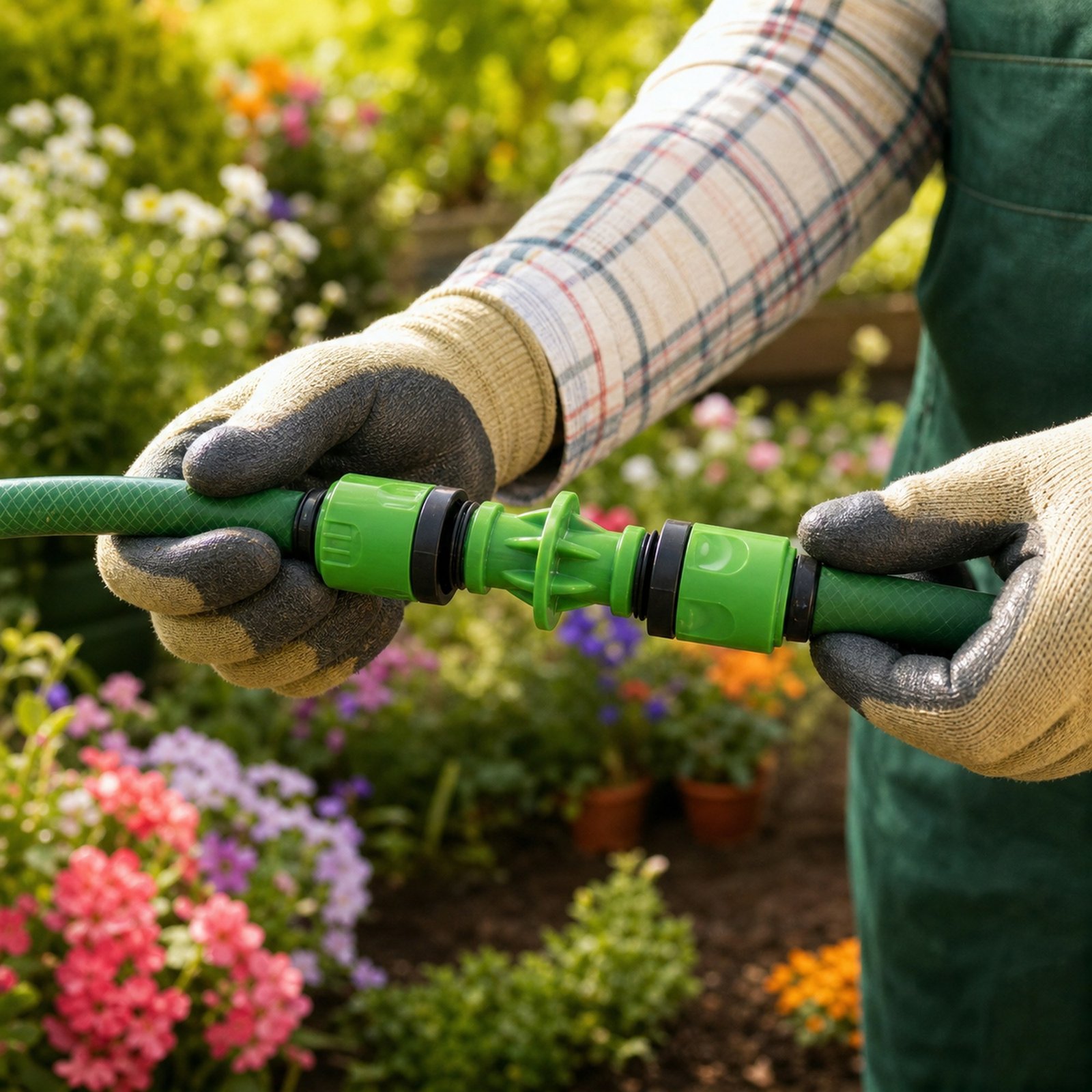 Conector doble macho utilizado para unir dos mangueras en un jardín