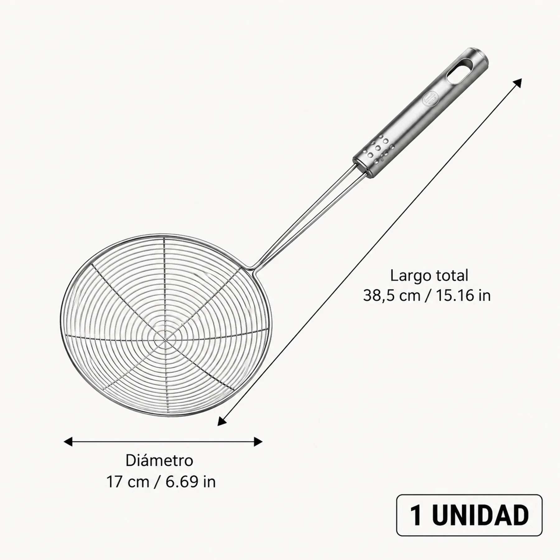 Medidas de espumadera: 38,5 cm de largo y 17 cm de diámetro