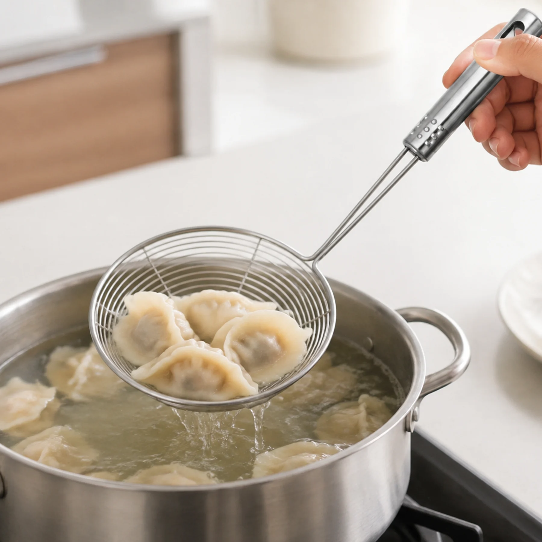 Mano retirando dumplings del agua con espumadera de alambre