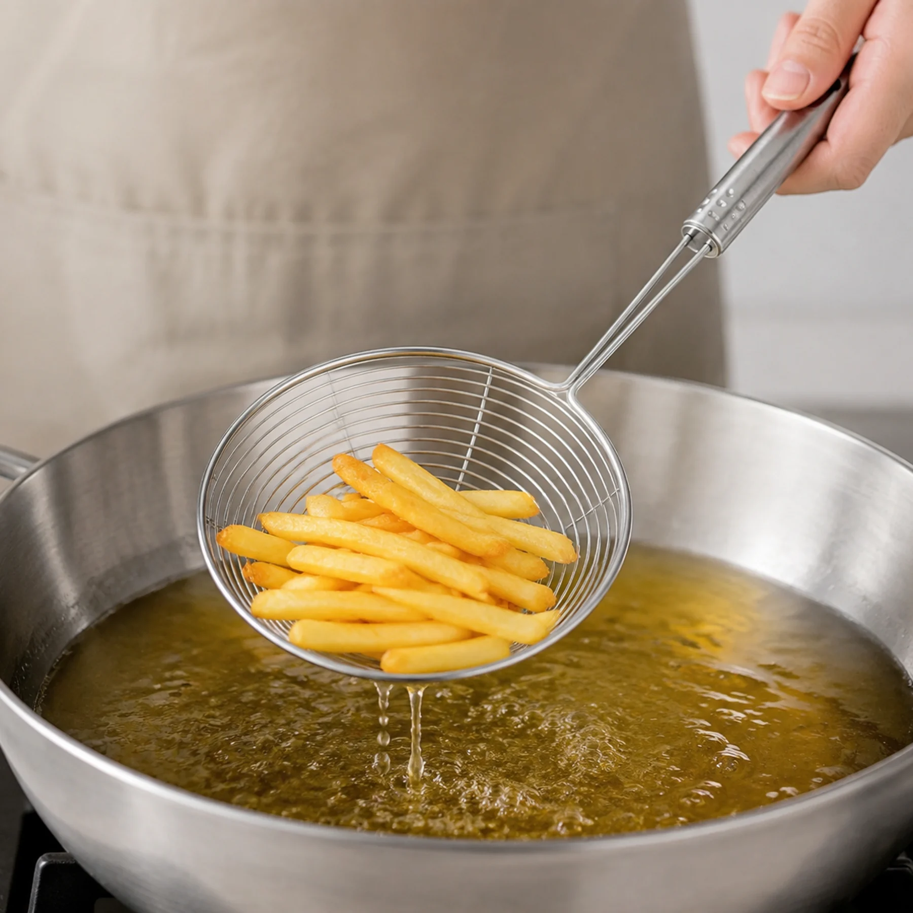Espumadera de alambre escurriendo papas fritas sobre una sartén