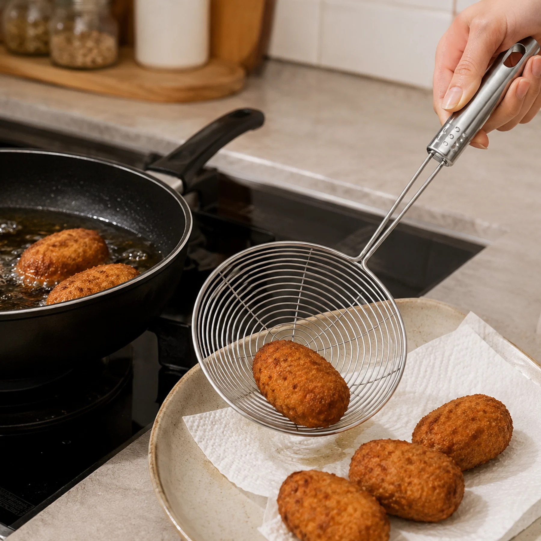 Espumadera de alambre sirviendo croquetas fritas en un plato