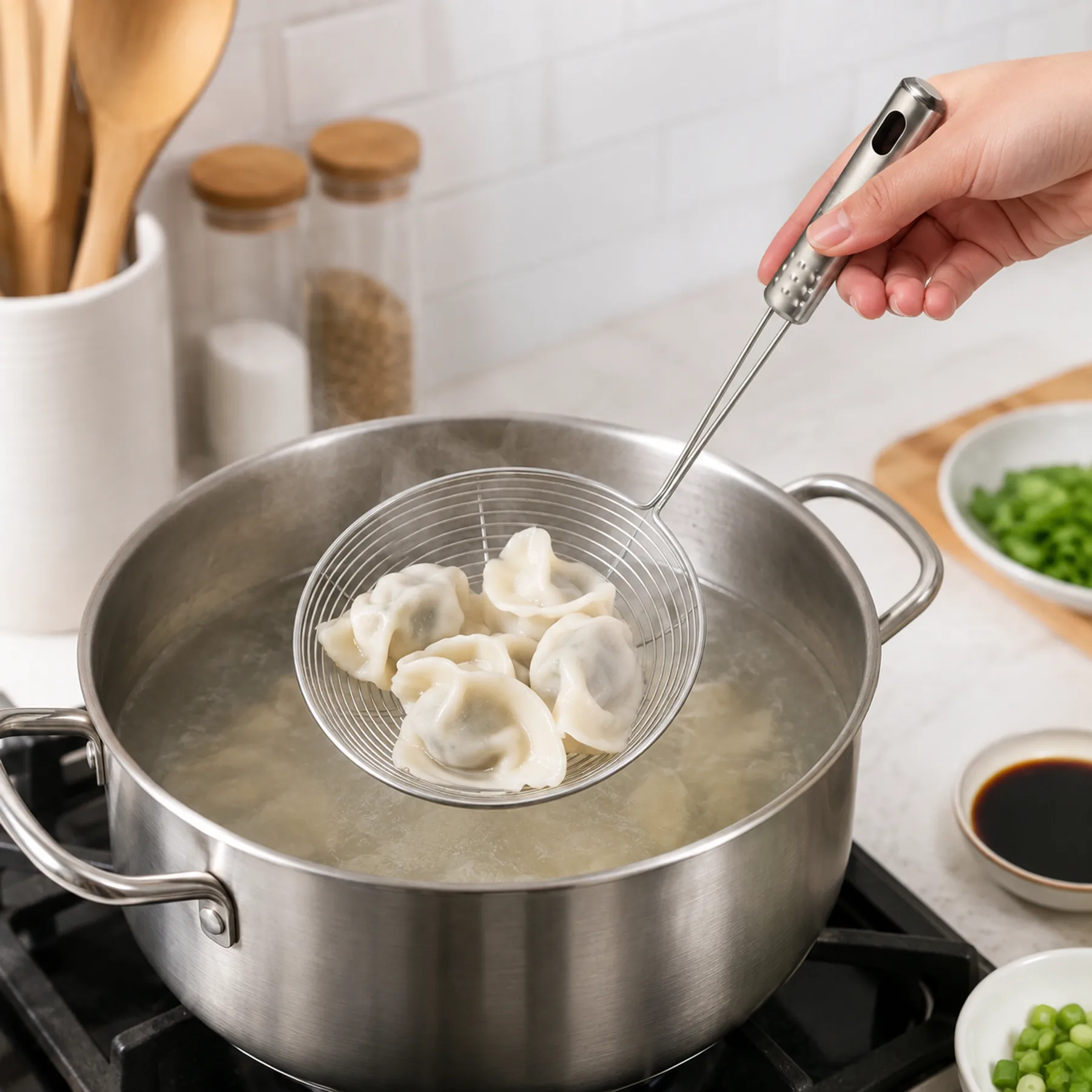 Espumadera de alambre retirando dumplings de una olla