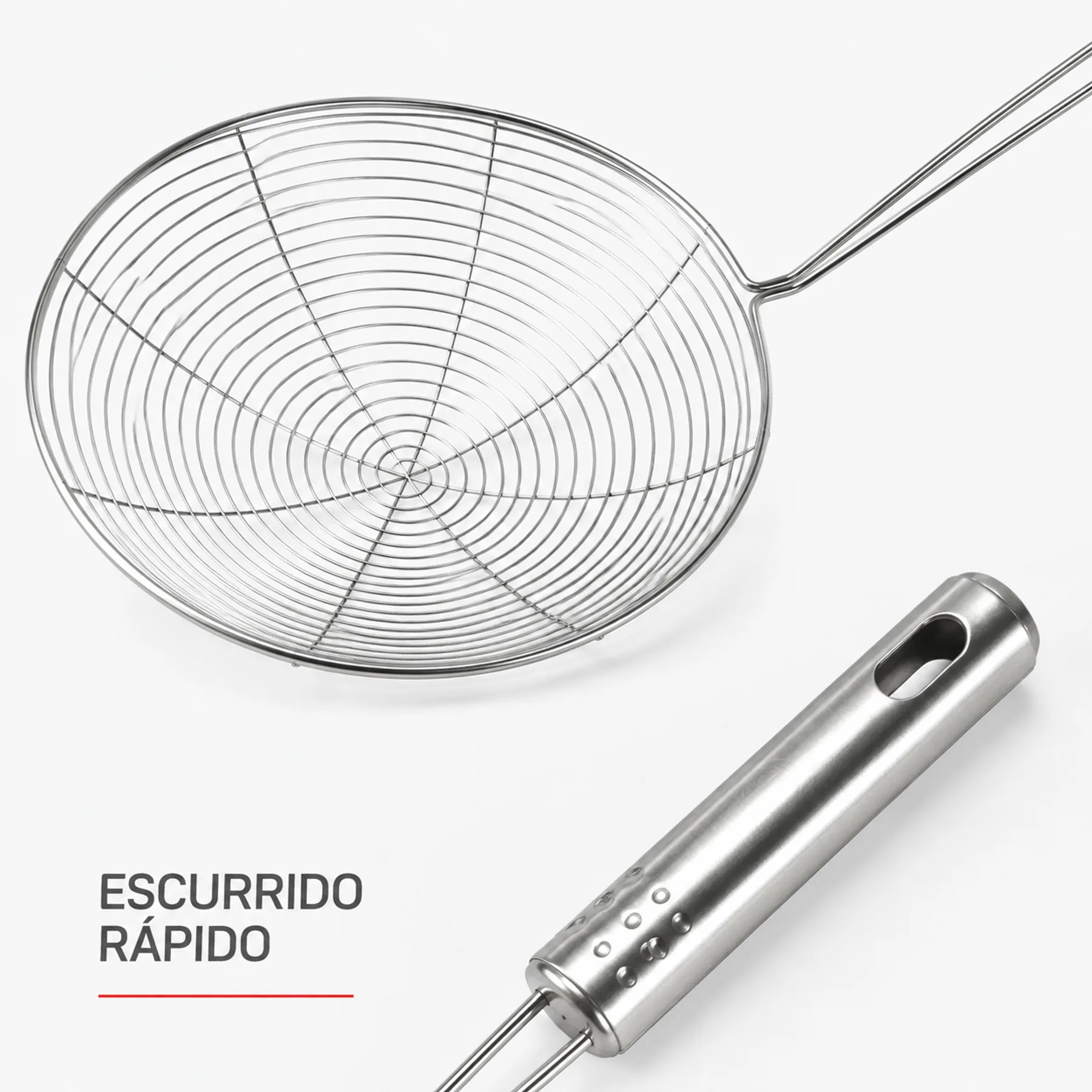 Detalle del canastillo concéntrico y mango metálico de la espumadera larga