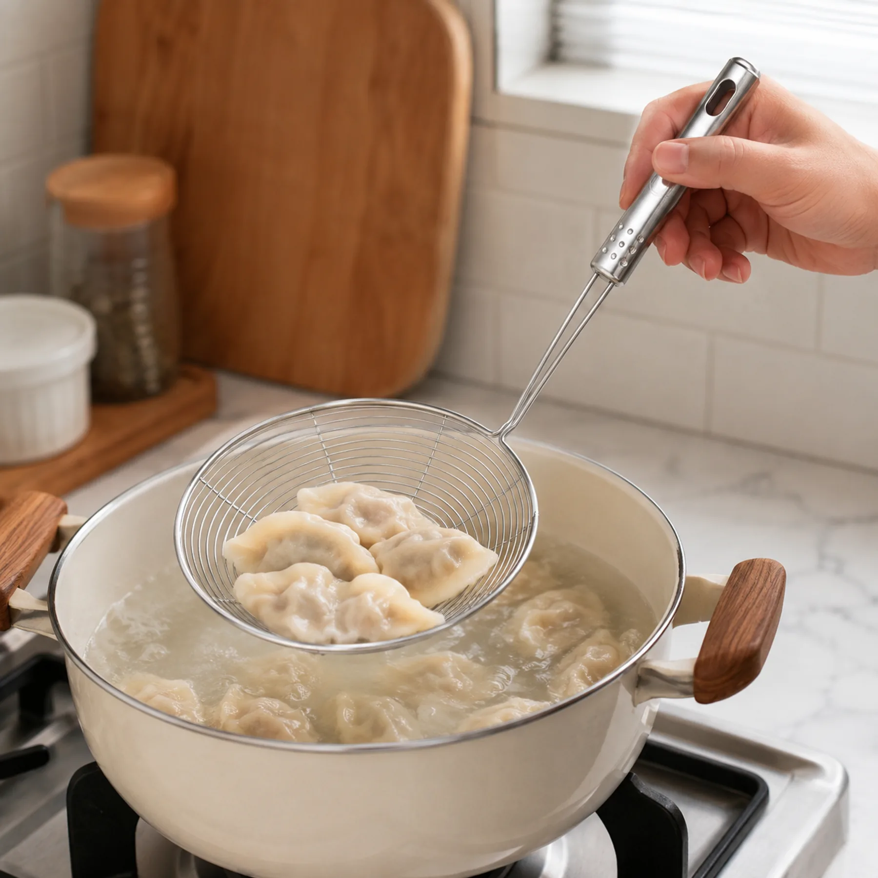 Espumadera larga retirando dumplings de una olla