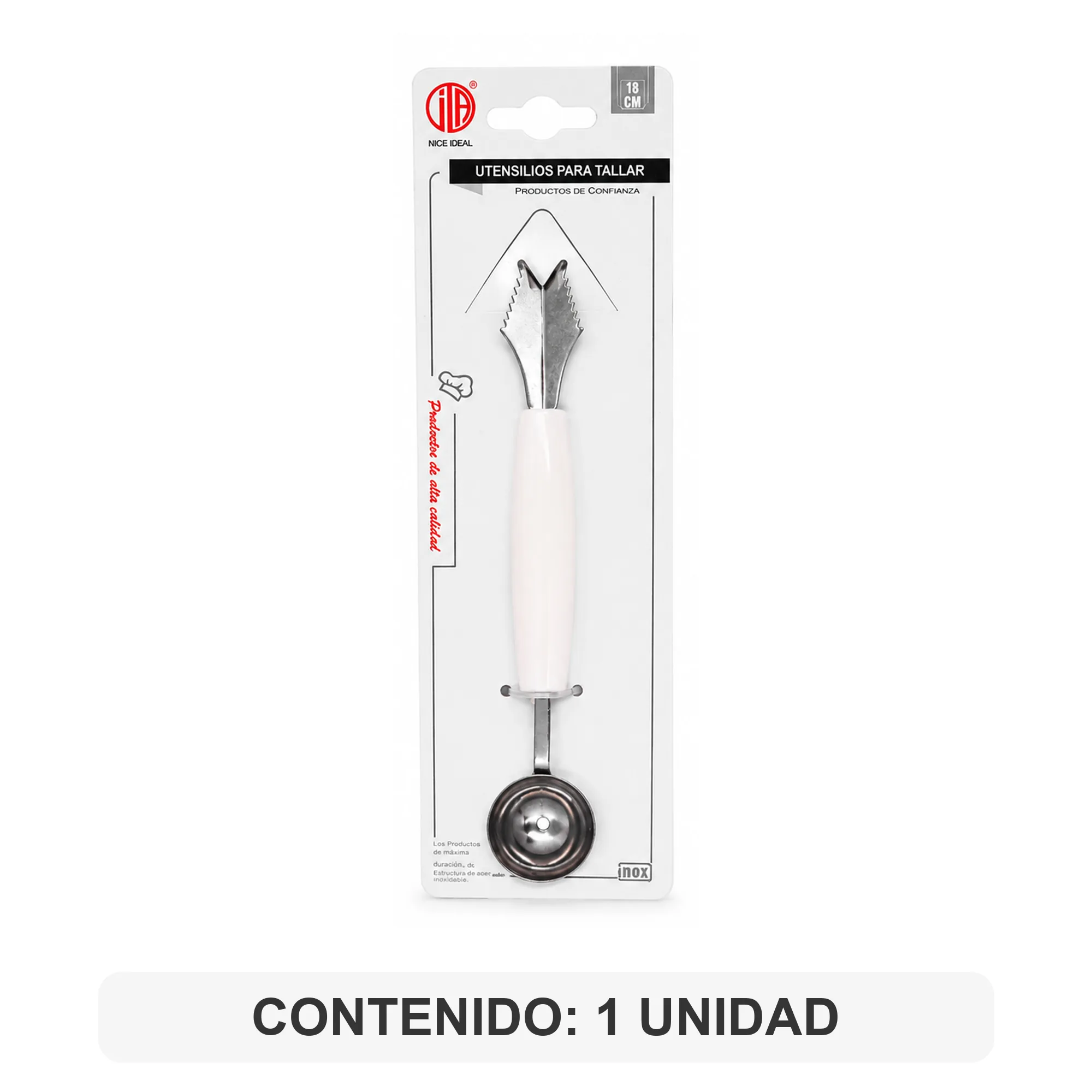 Contenido del paquete con un utensilio doble para tallar frutas