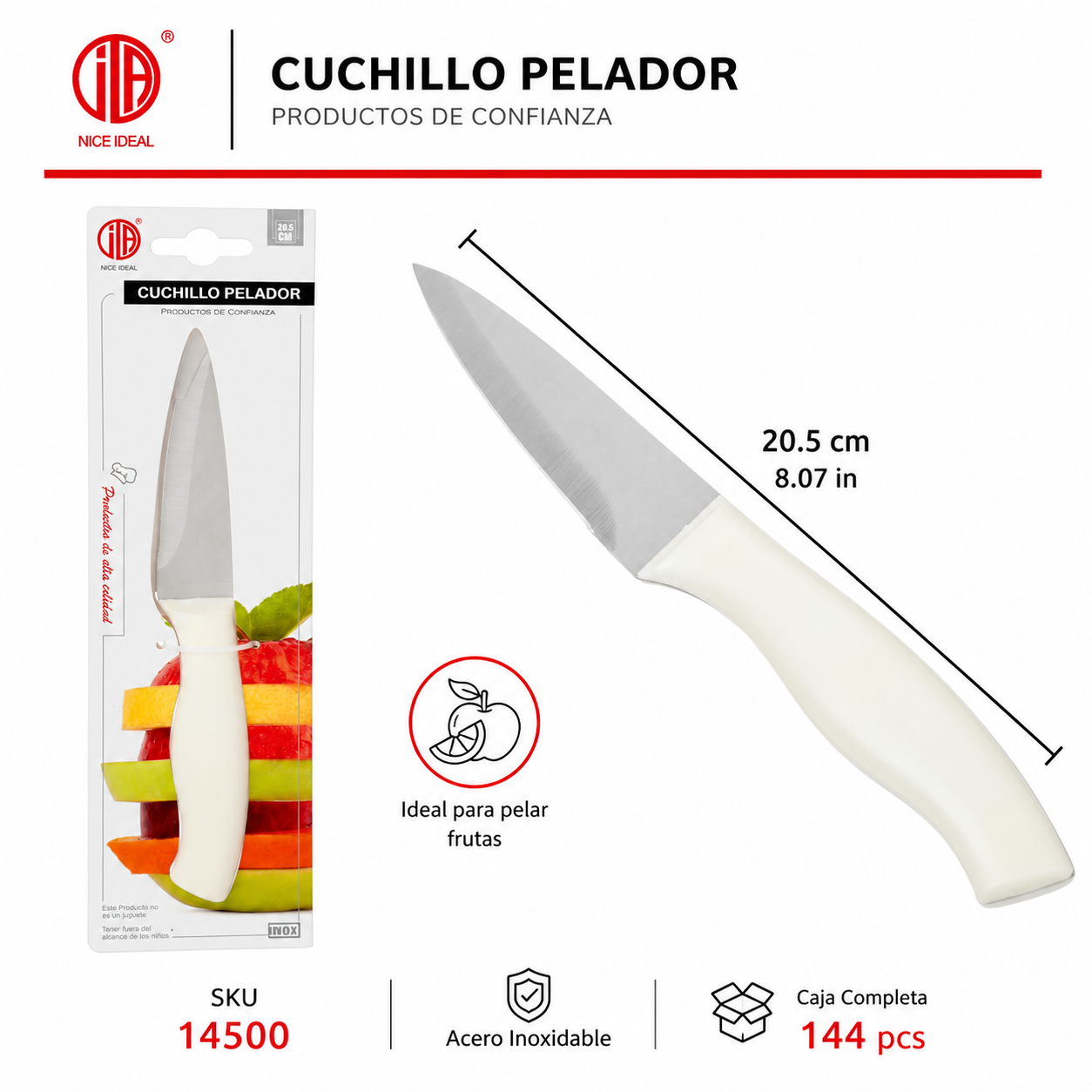 Cuchillo para pelar de acero inoxidable, mango blanco, 20,5 cm - Imagen 4