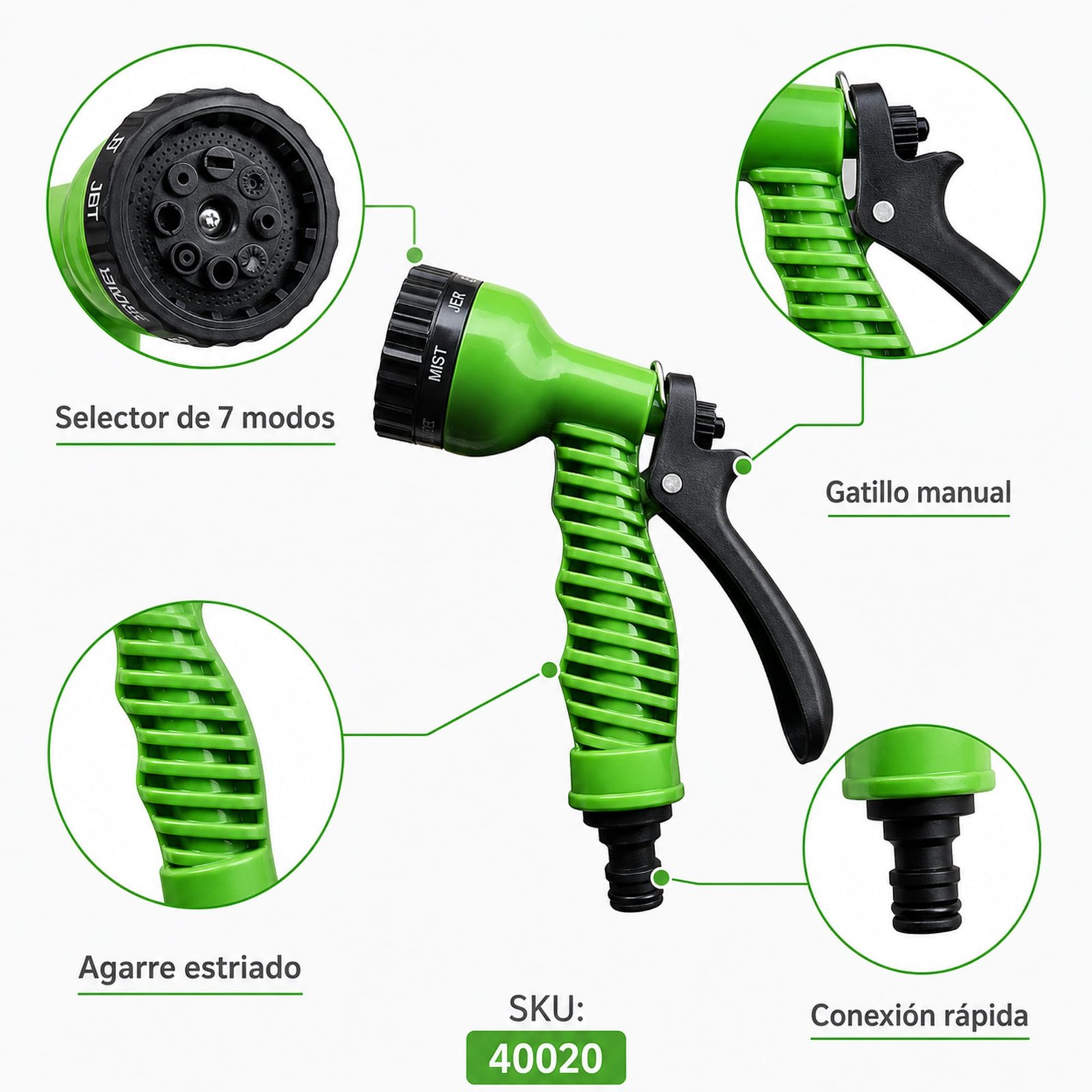 Detalle del selector, gatillo, agarre y conexión de la pistola SKU 40020