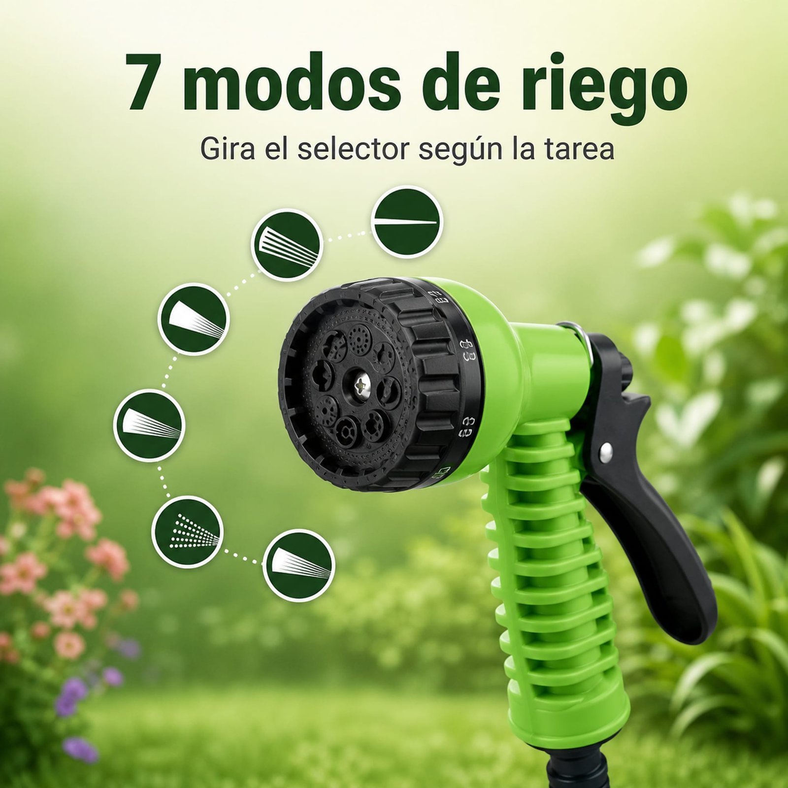 Pistola de jardín con selector de siete modos de riego