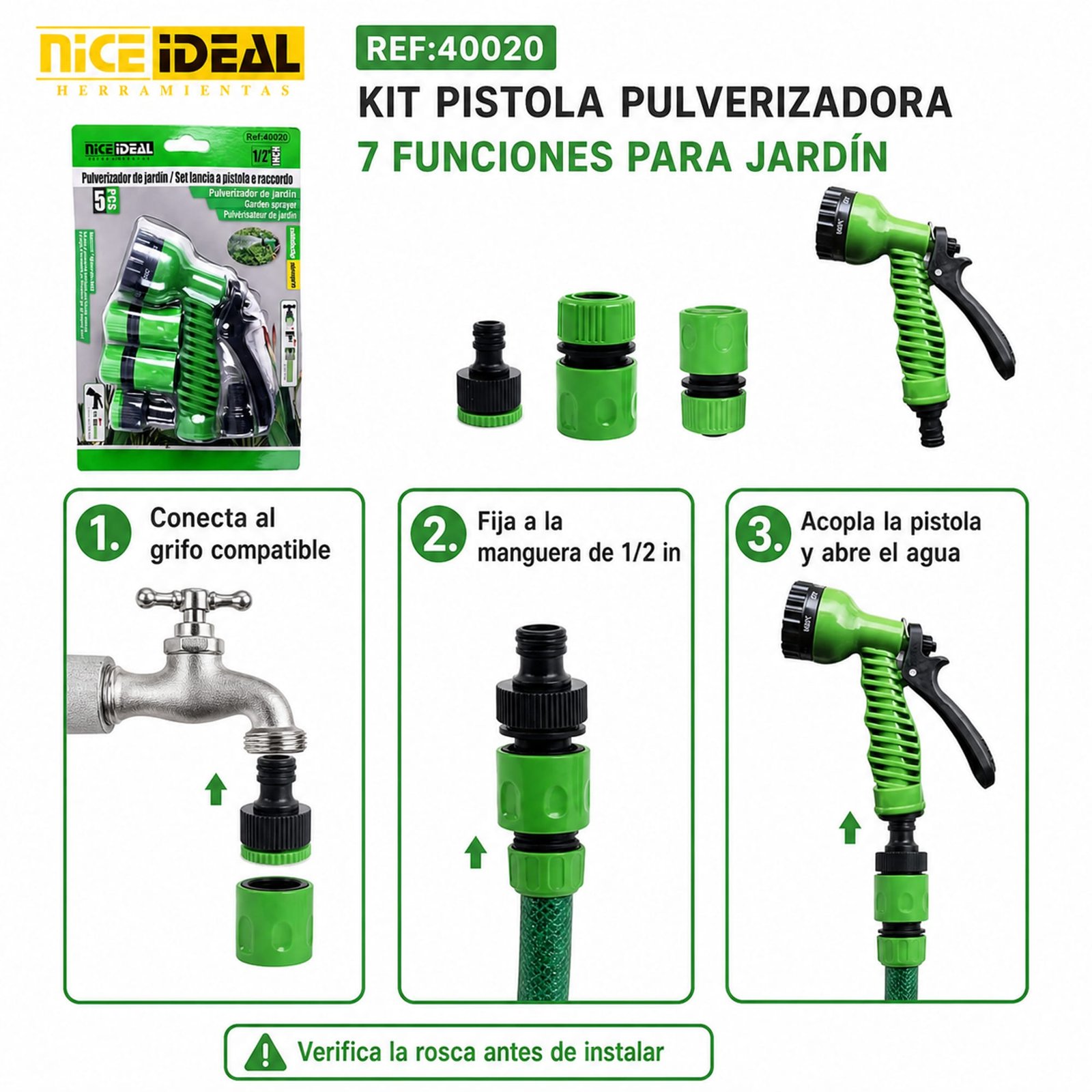 Instalación en tres pasos del set de pistola para manguera