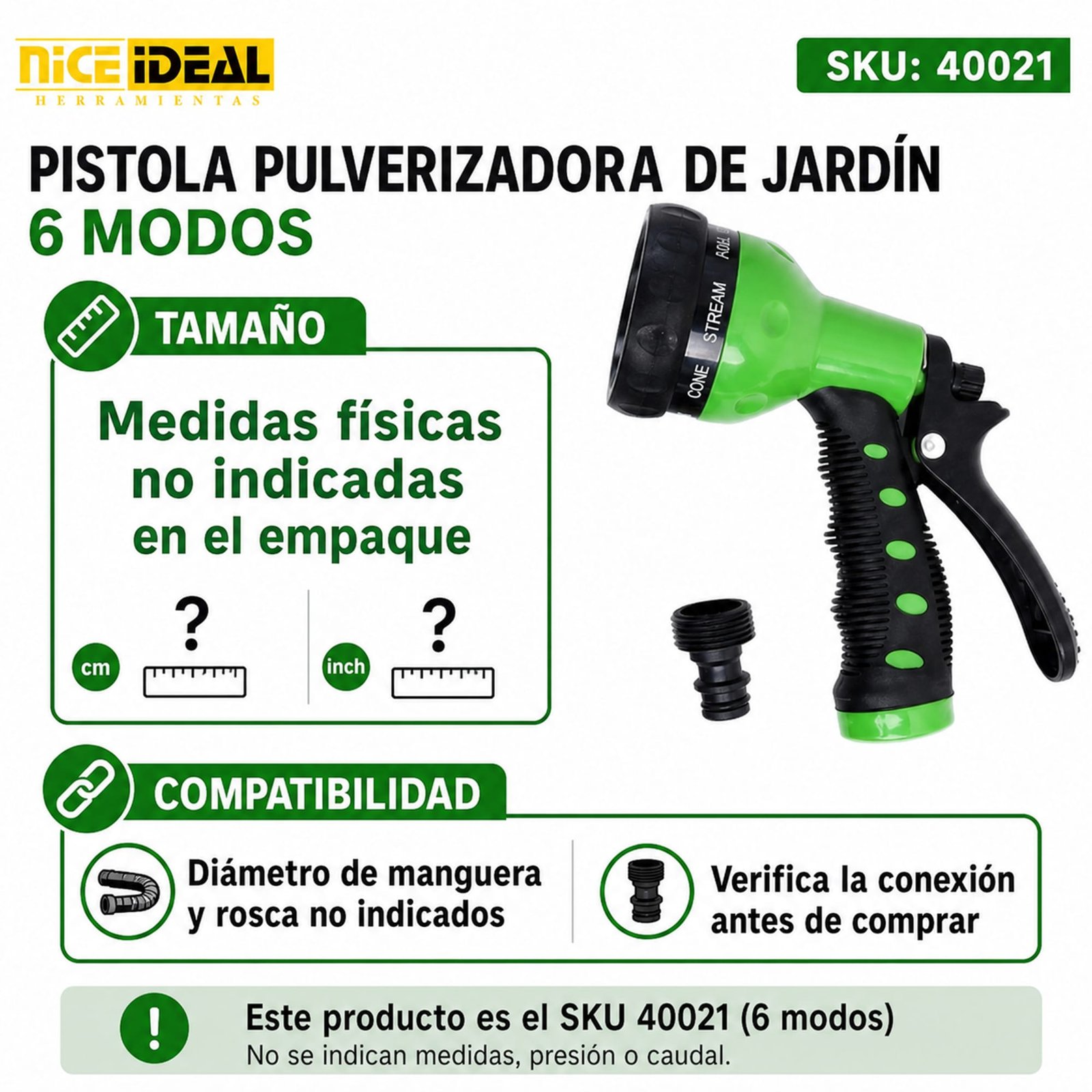 Medidas y compatibilidad no indicadas para la pistola de jardín SKU 40021