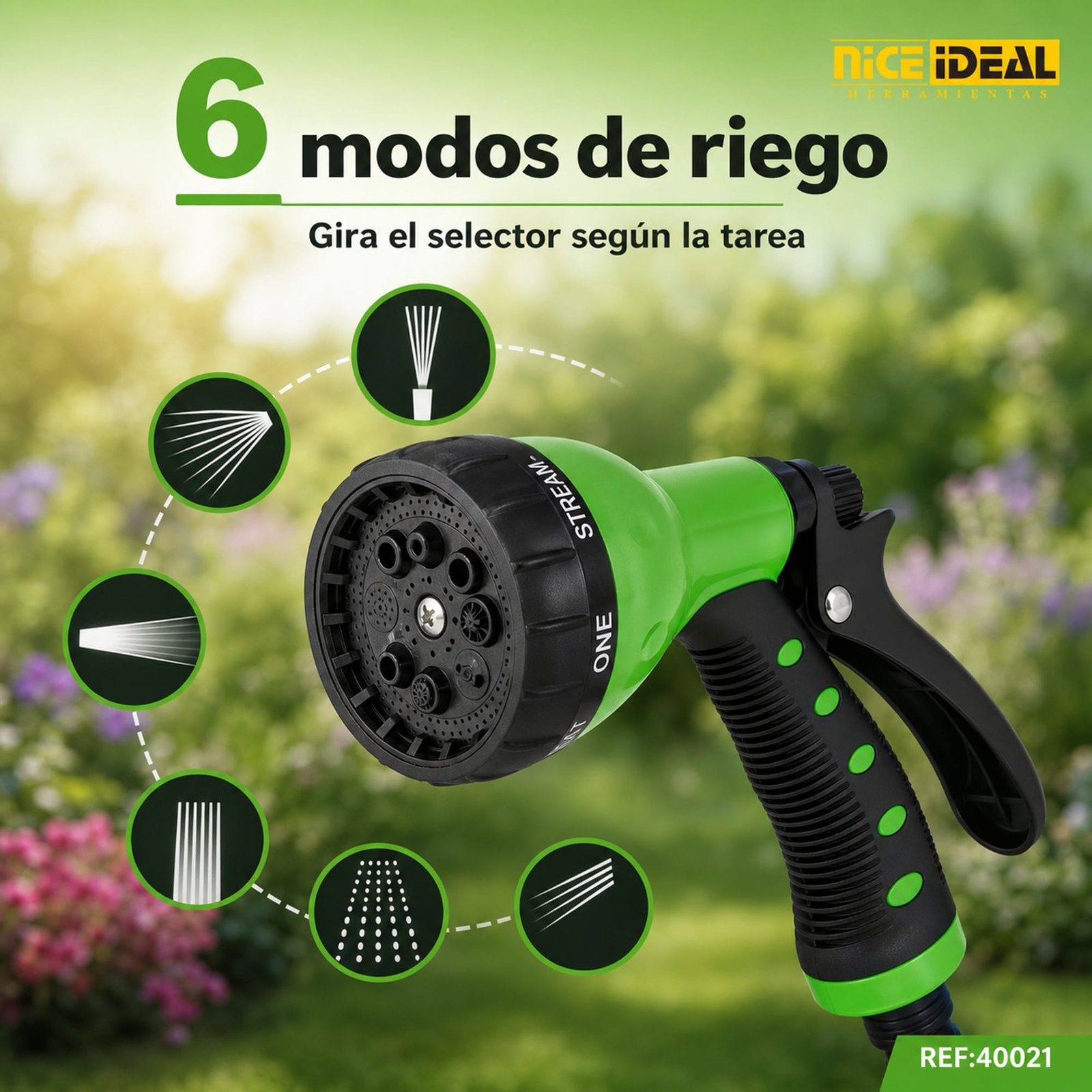 Pistola de jardín con selector de seis modos de riego