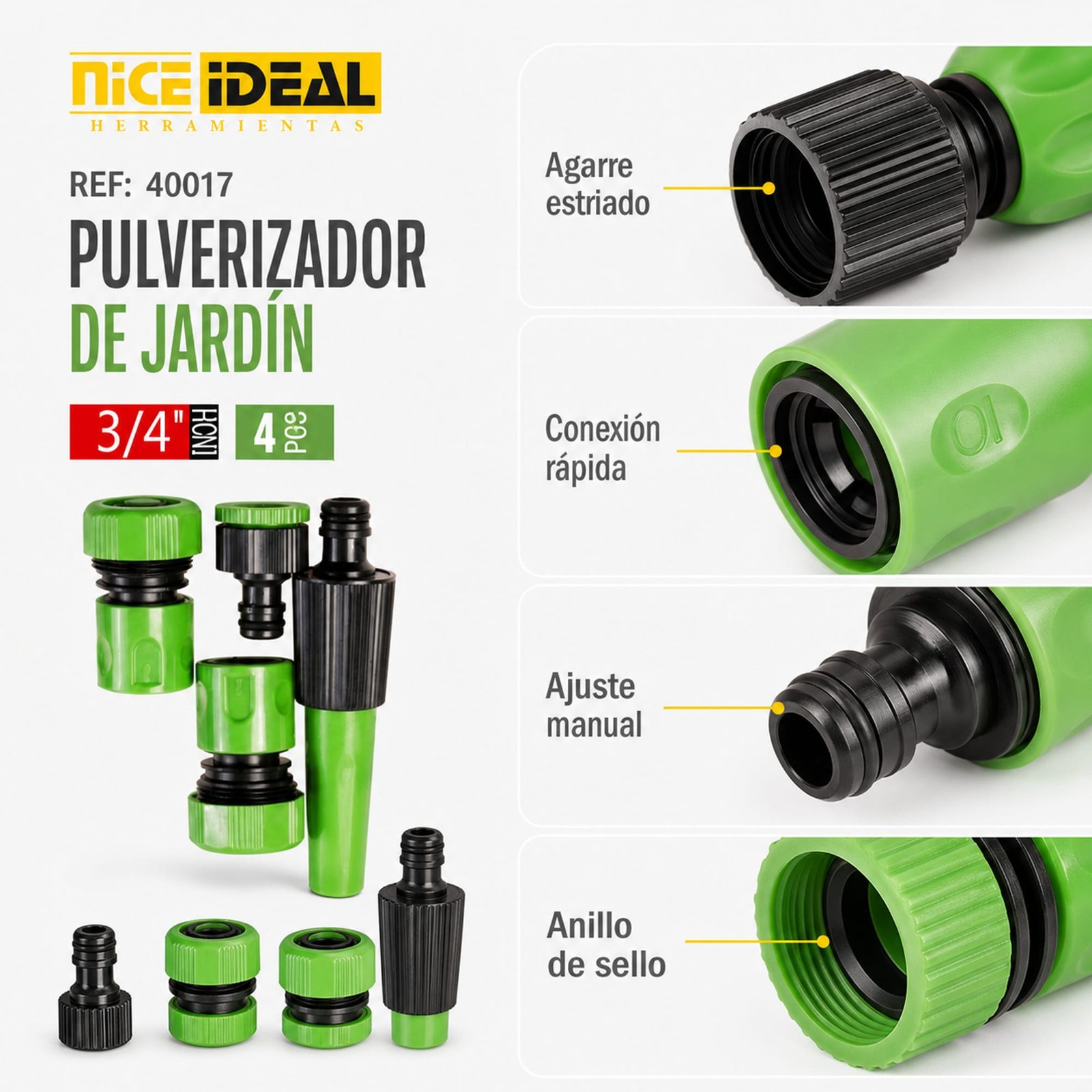 Detalle de conexiones rápidas, agarres estriados y anillos del set SKU 40017