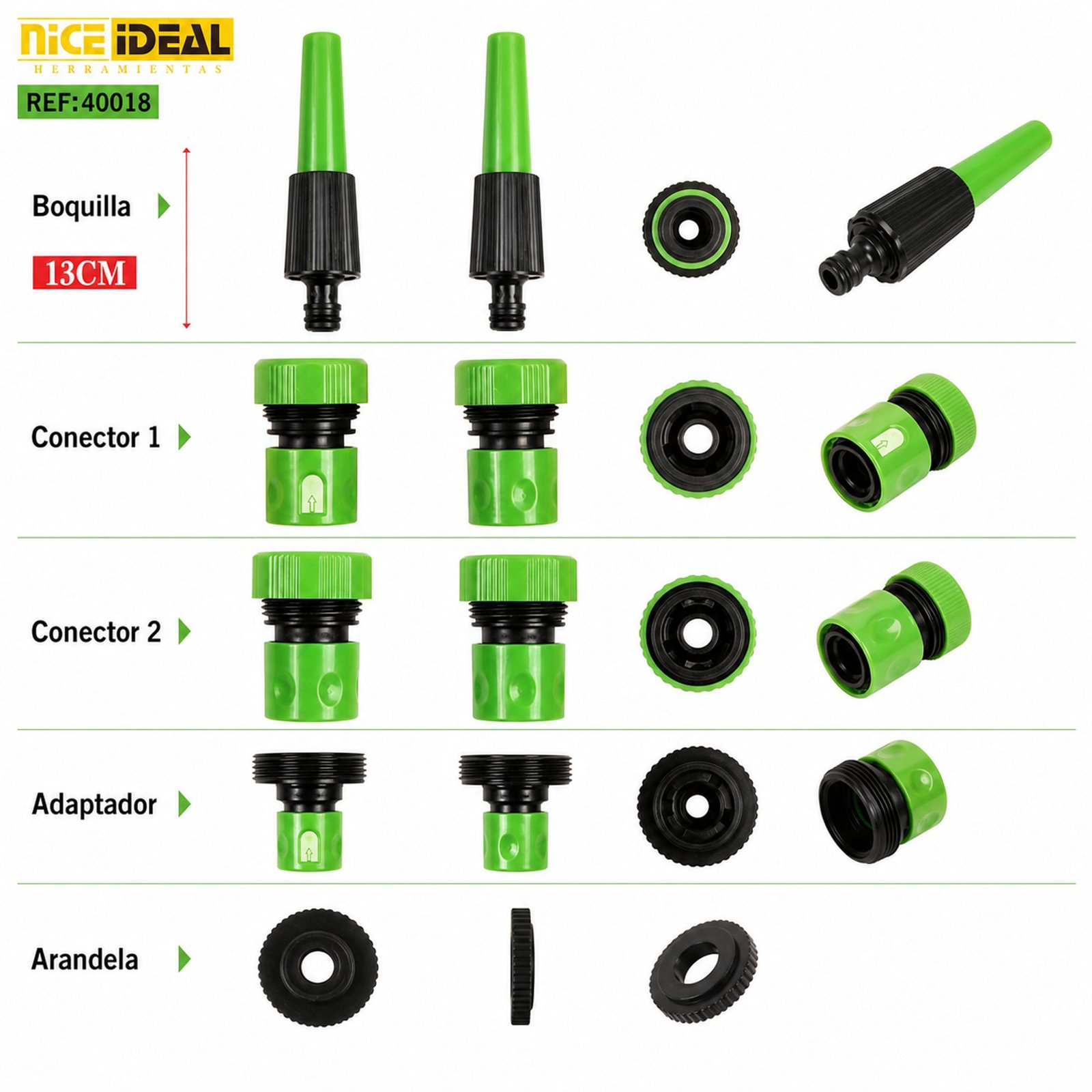 Vistas de los cinco accesorios del set de riego SKU 40018