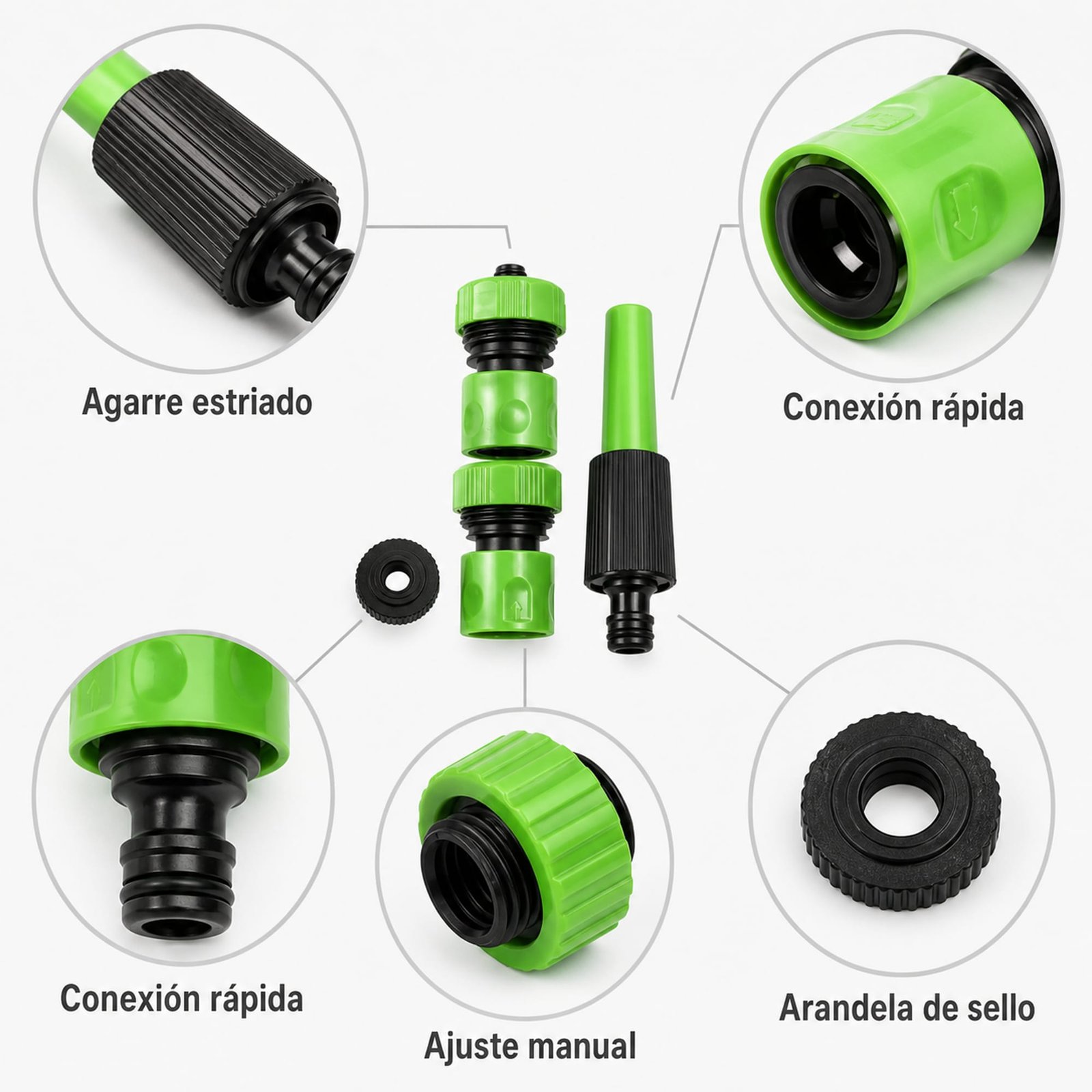Detalle de conexiones rápidas, agarre estriado y arandela del set SKU 40018