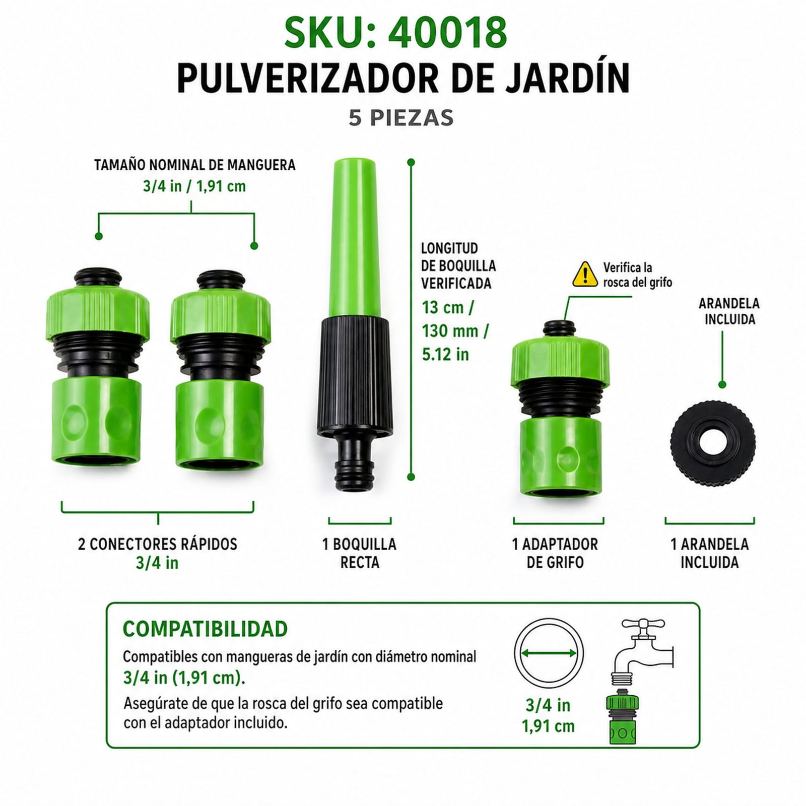 Medidas de boquilla de 13 cm y compatibilidad con manguera de 3/4 pulgada