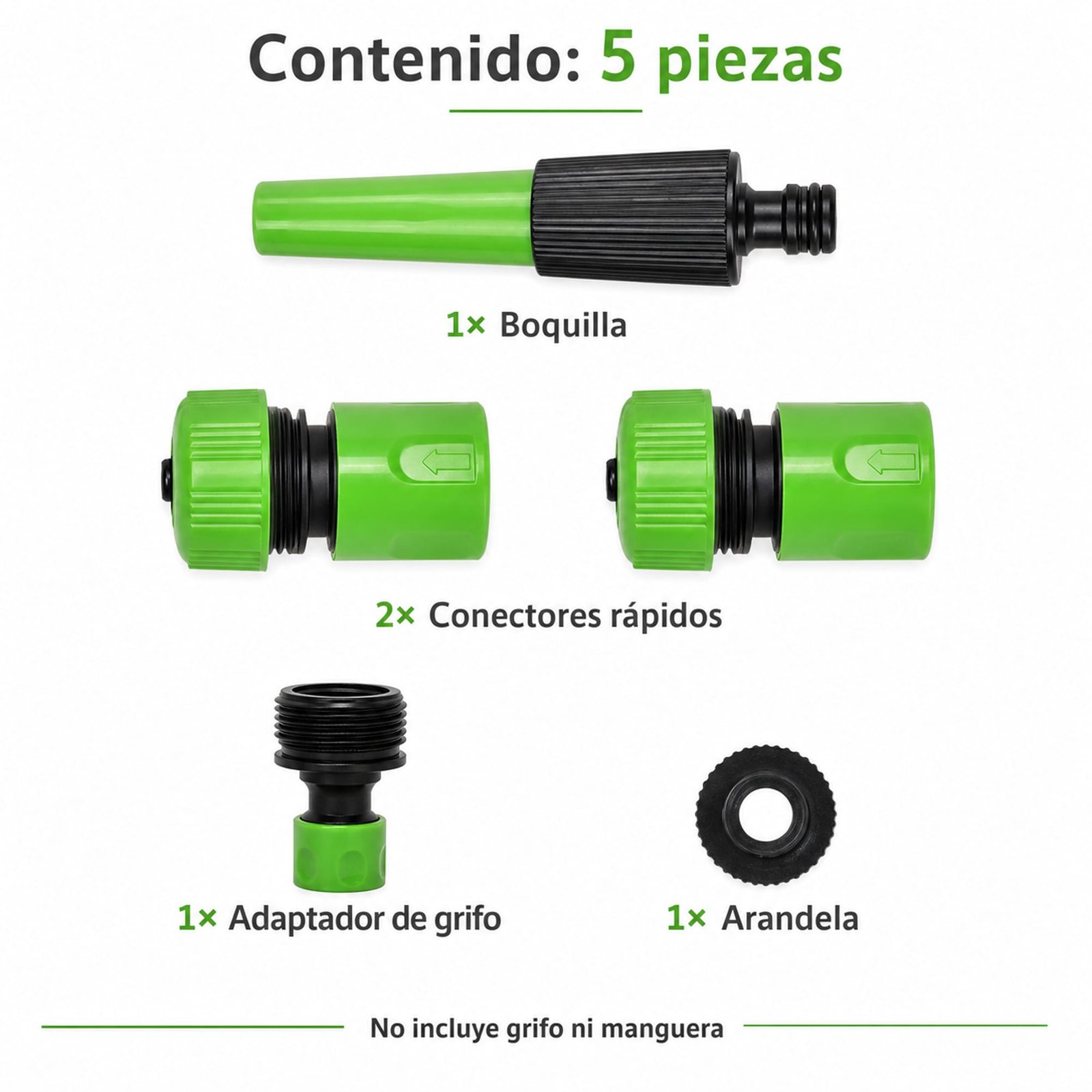 Contenido de cinco piezas del set de riego SKU 40018