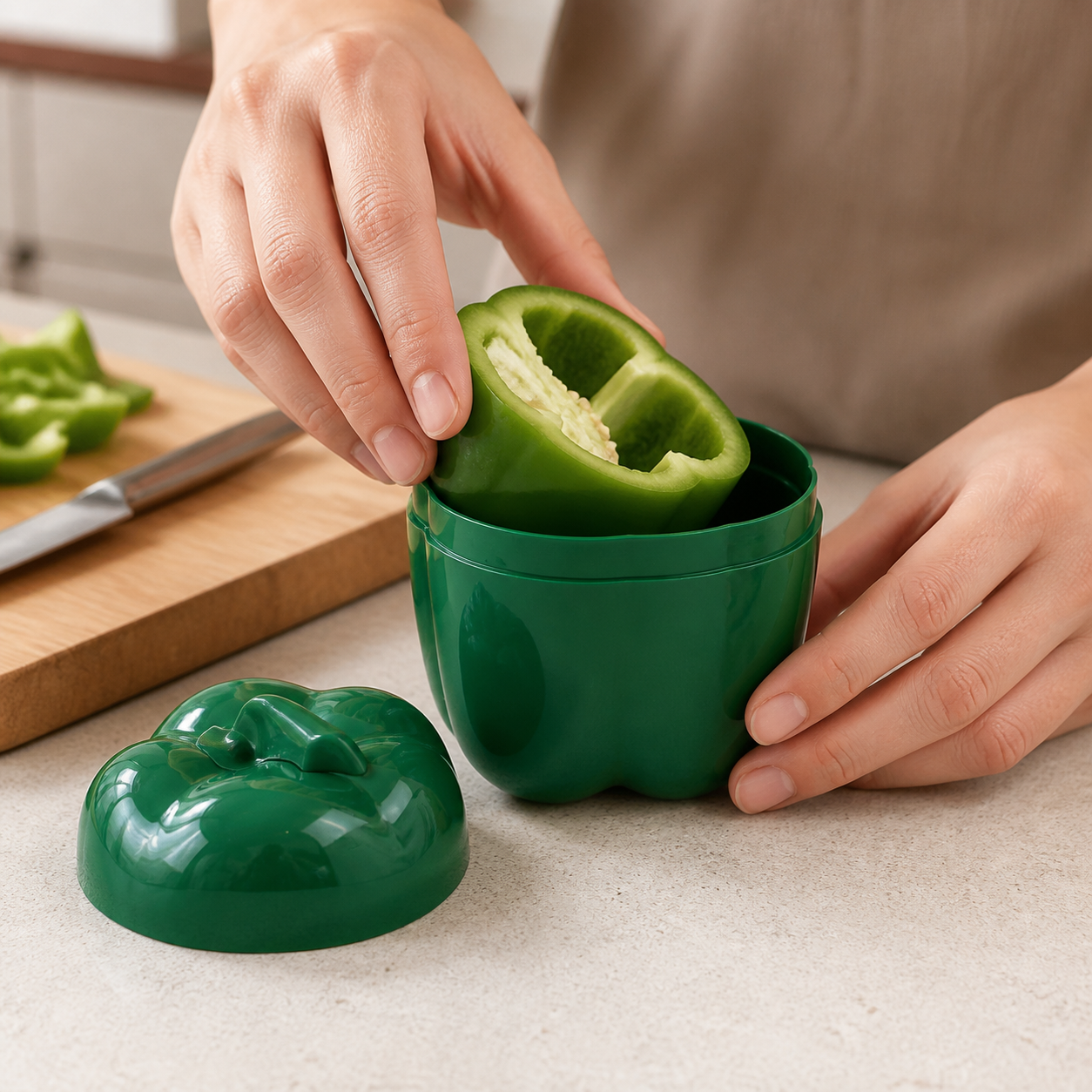 Contenedor verde para conservar pimiento, recipiente plástico con tapa, 11,3 x 9,3 cm - Imagen 6