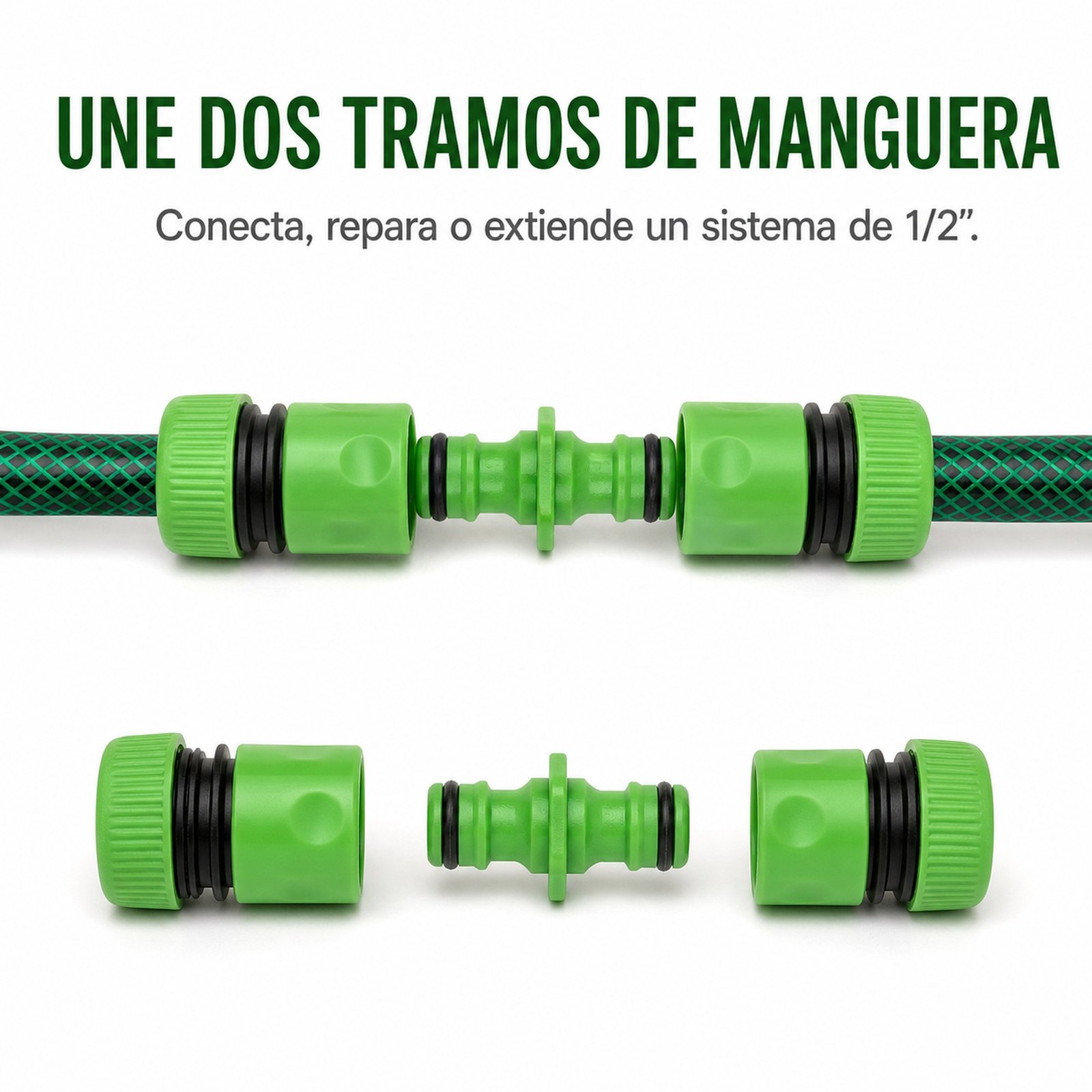 Dos tramos de manguera unidos con el set de tres piezas SKU 40012