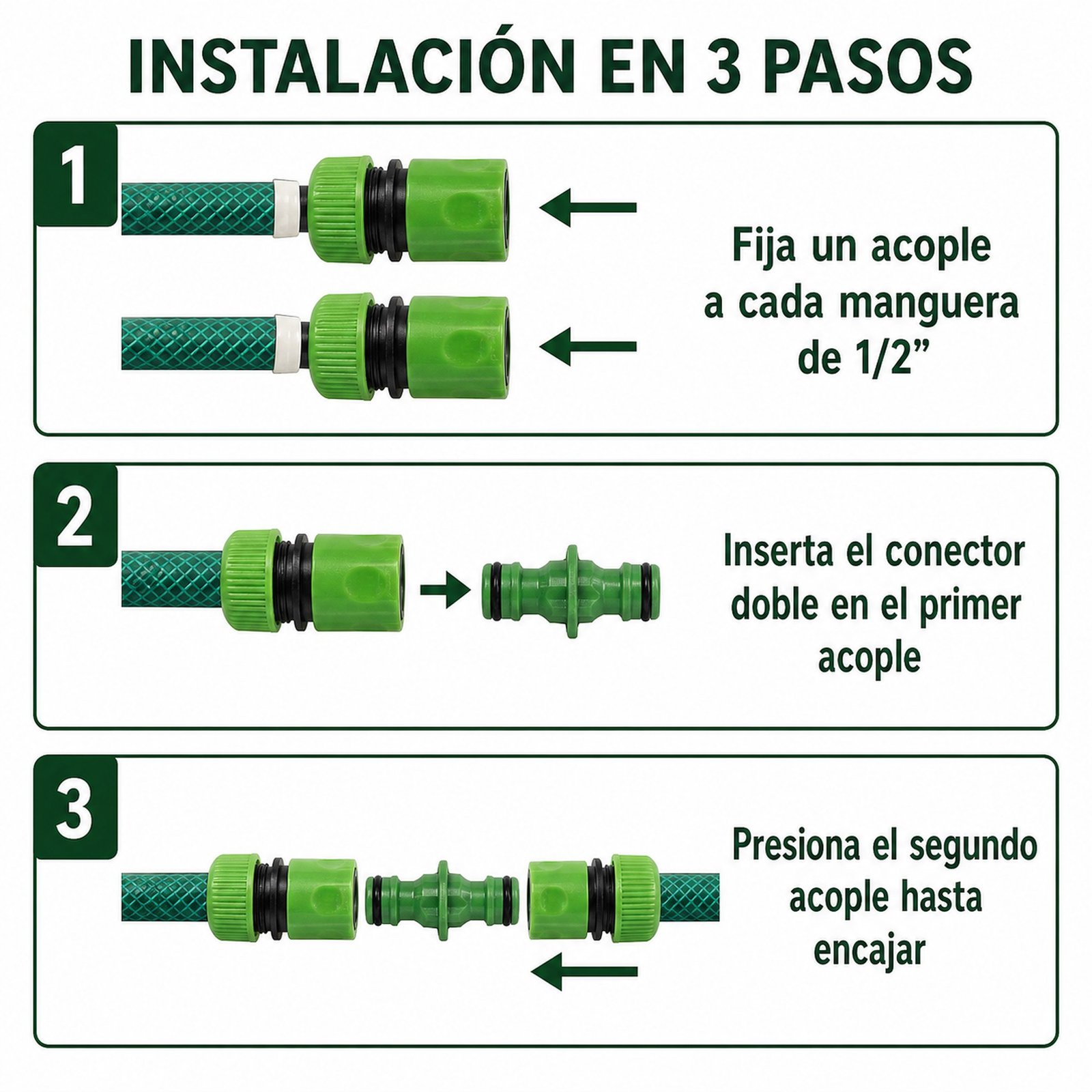 Instalación en tres pasos del set de unión para manguera de 1/2 pulgada