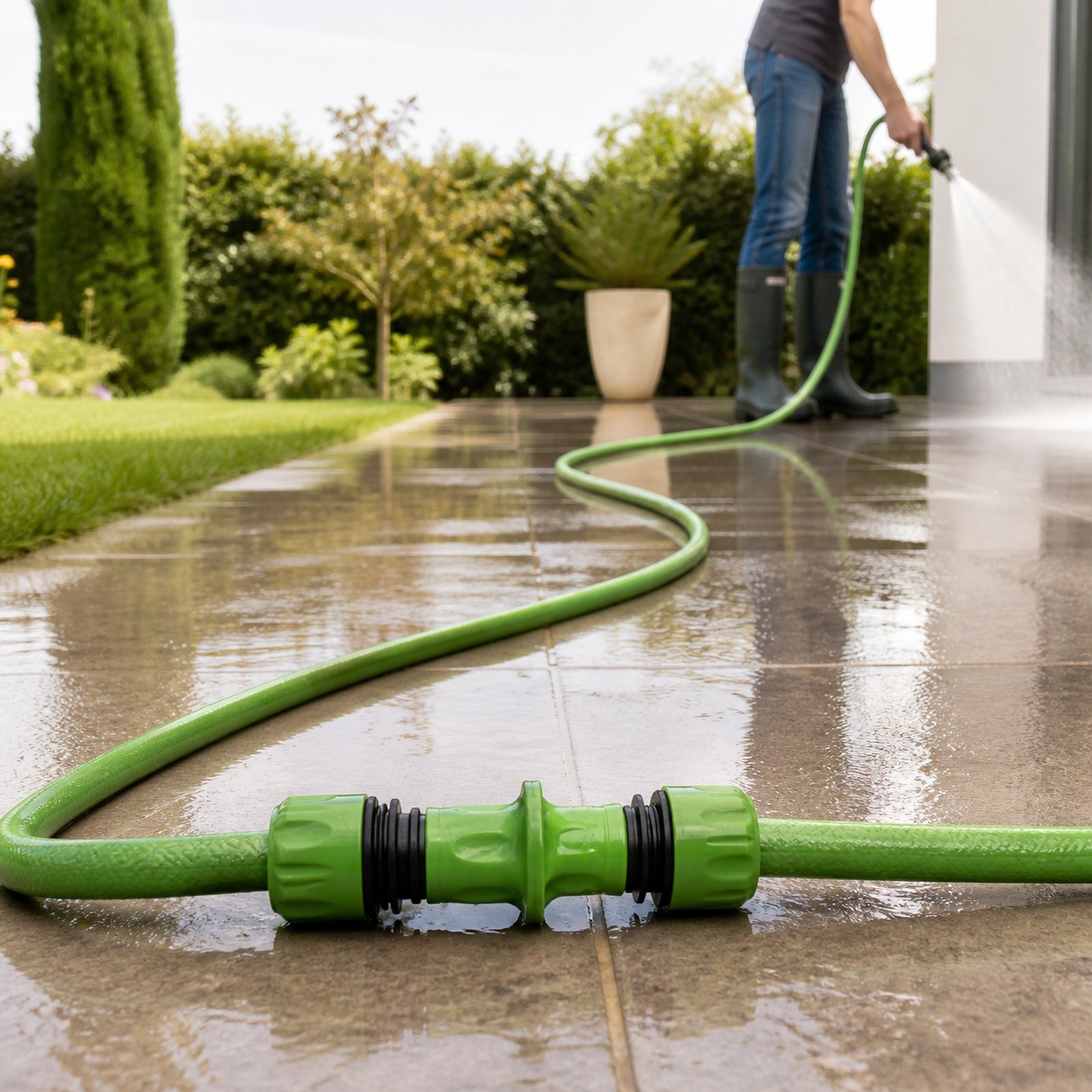 Manguera extendida con conectores SKU 40012 para limpieza de patio