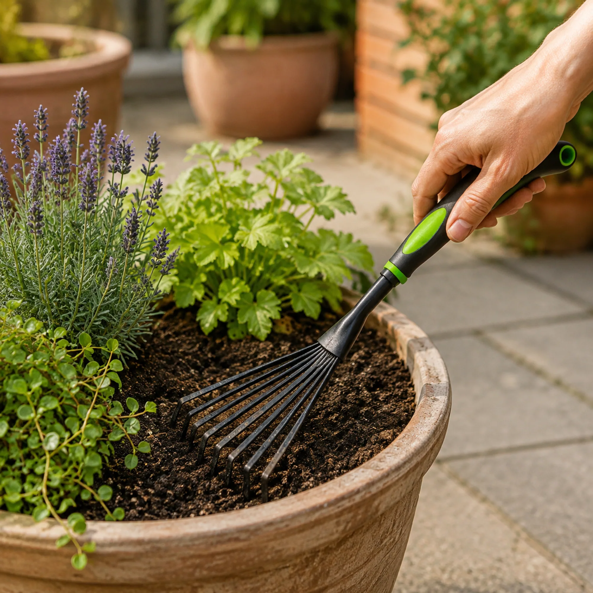 Rastrillo manual de 8 dientes usado para airear tierra en una jardinera, SKU 40053