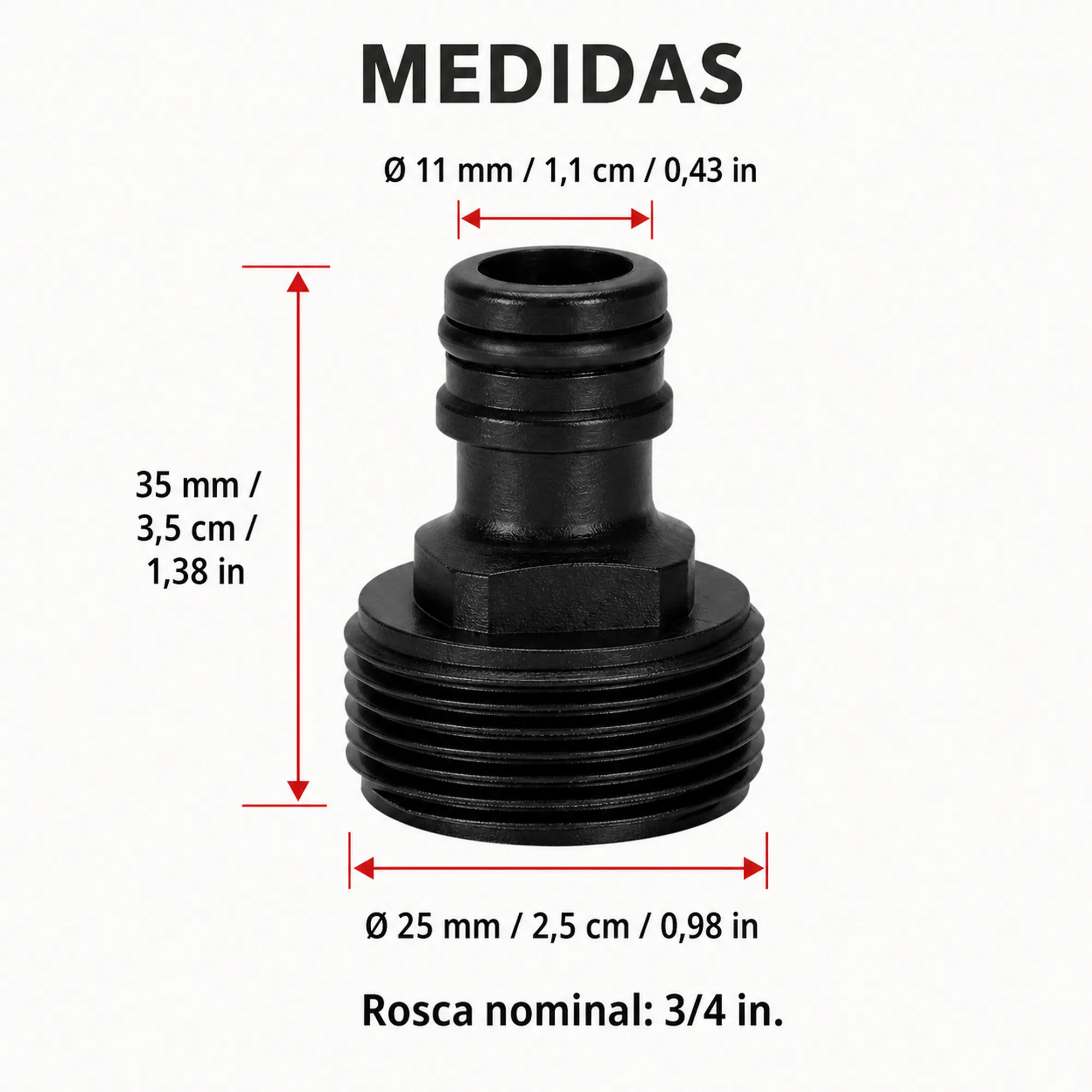 Medidas en centímetros y pulgadas del conector rápido macho de 3/4 pulgada