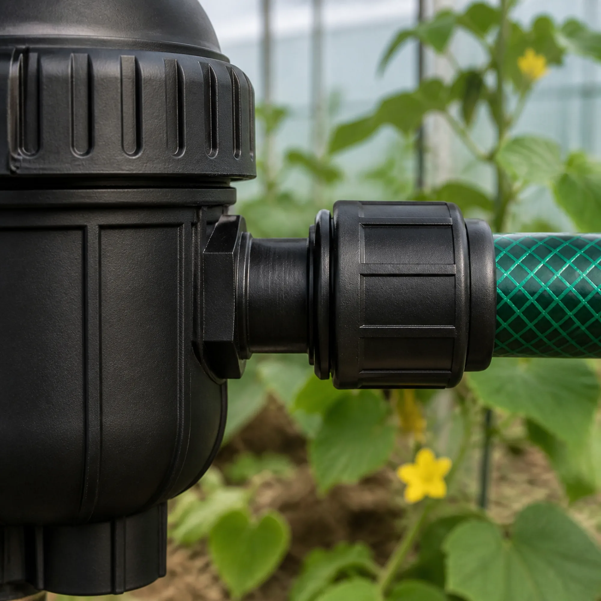Conector rápido negro utilizado en filtro de sistema de riego