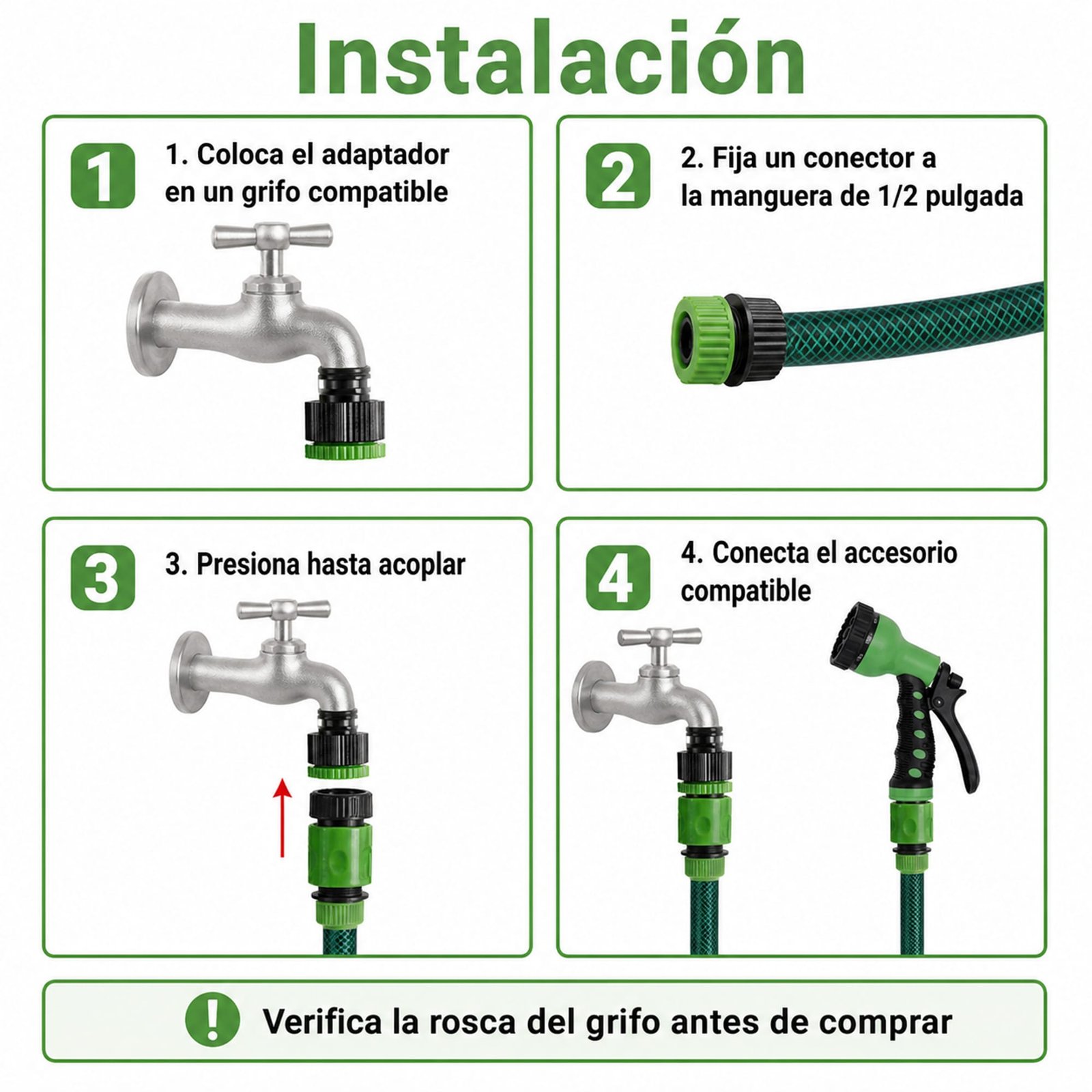 Instalación en cuatro pasos del set de conectores para manguera