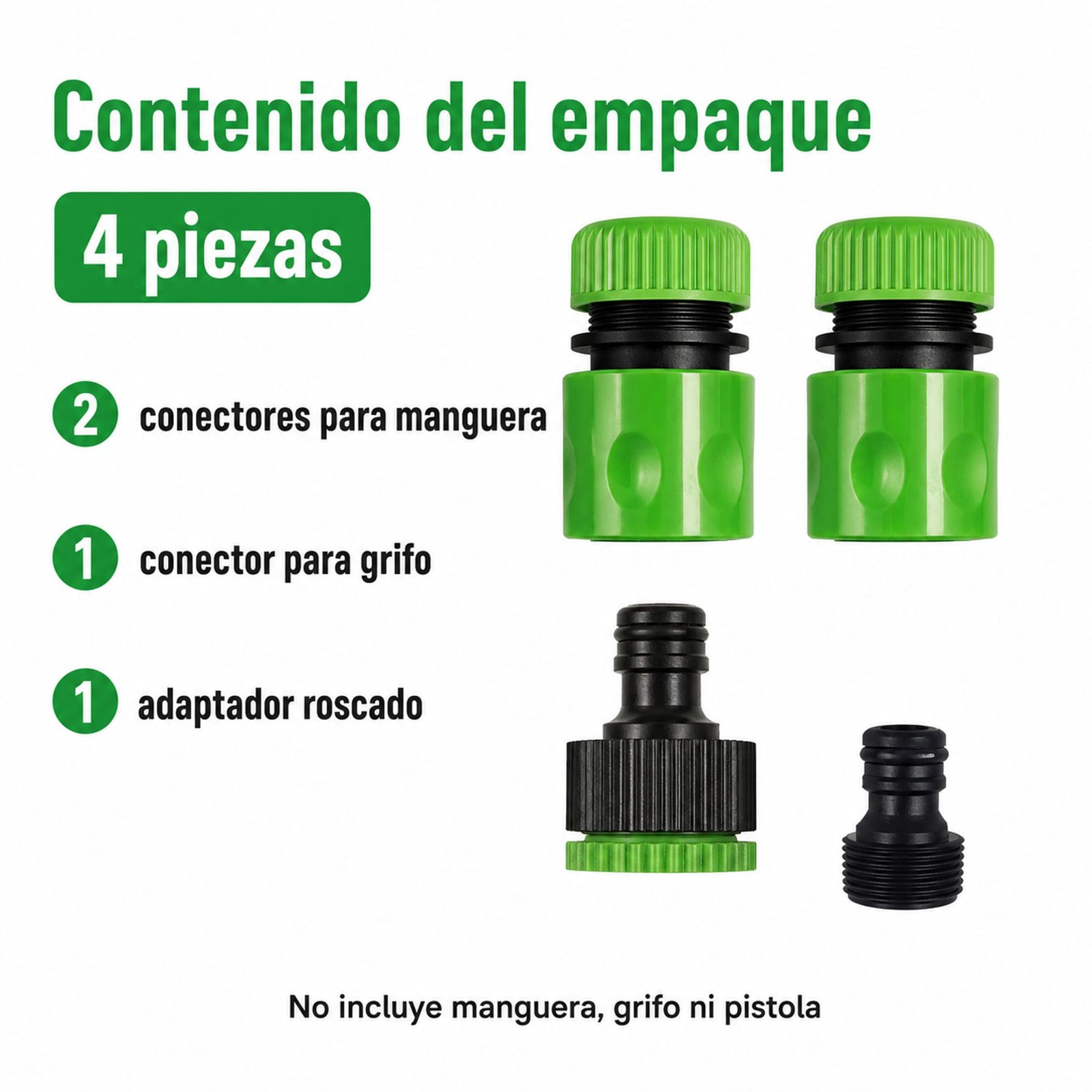 Contenido del set SKU 40023: dos conectores, un conector de grifo y un adaptador