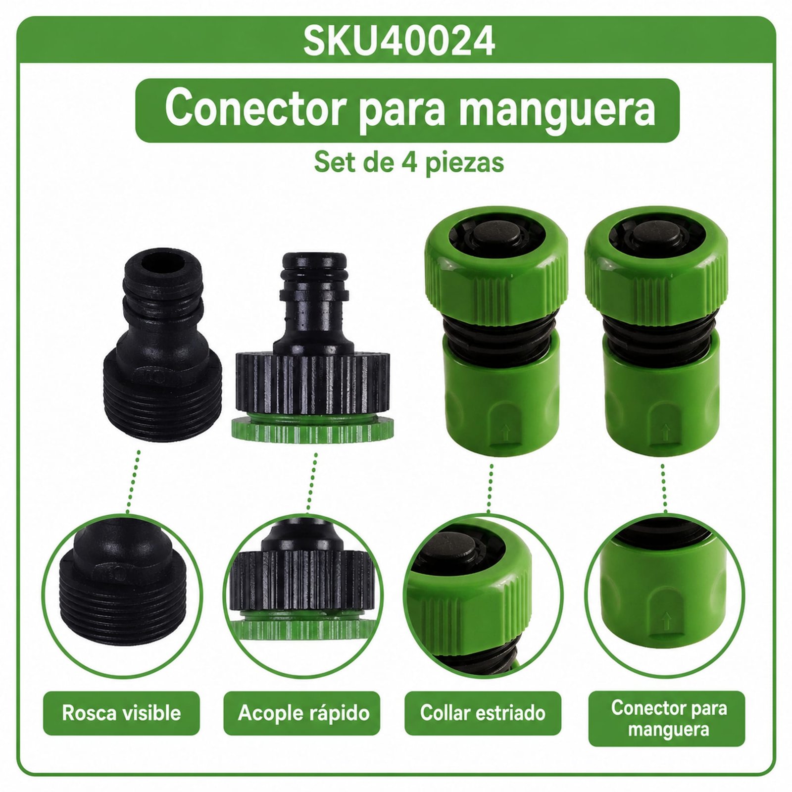 Detalles de collar, acople rápido y rosca del set SKU 40024