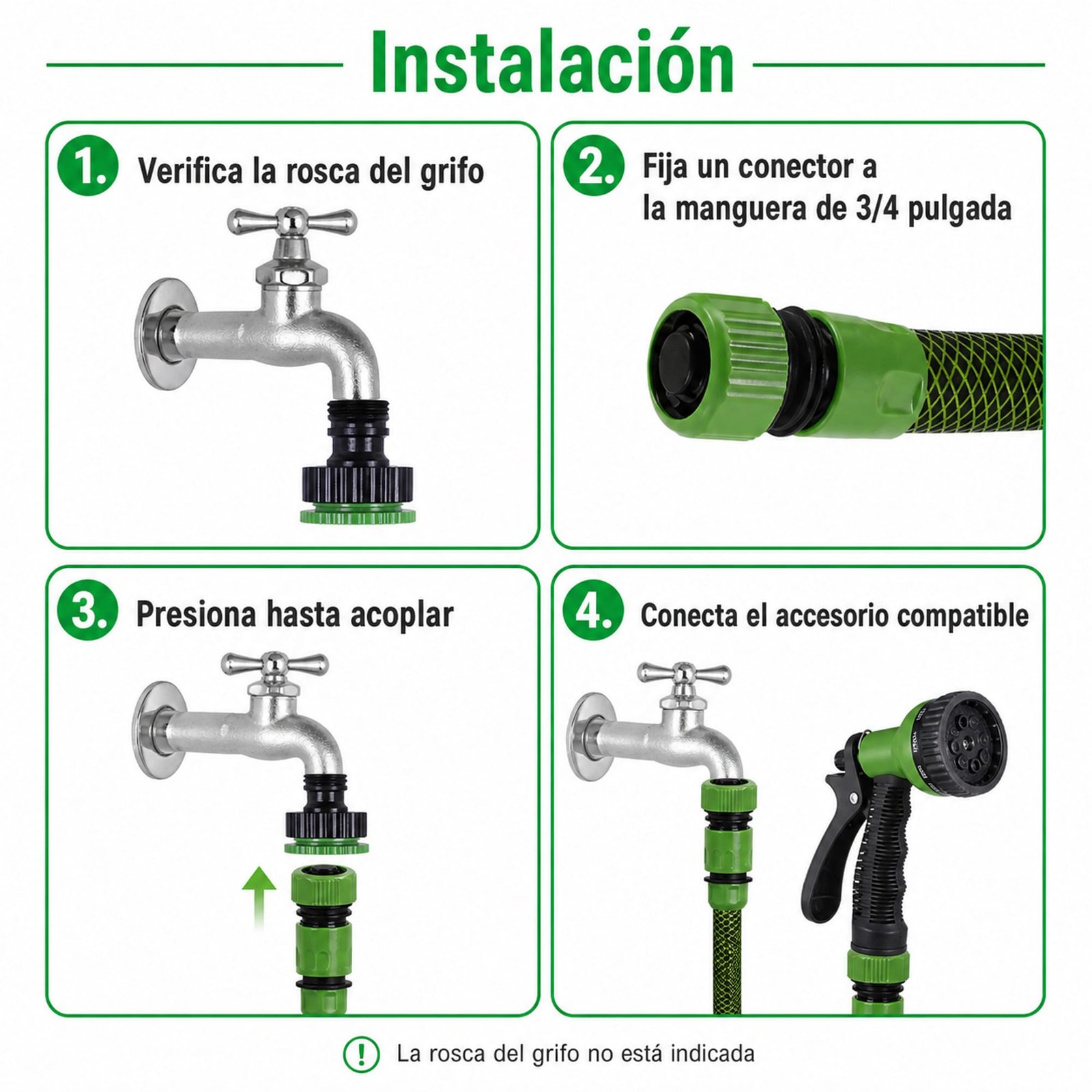 Instalación en cuatro pasos del set de conectores para manguera