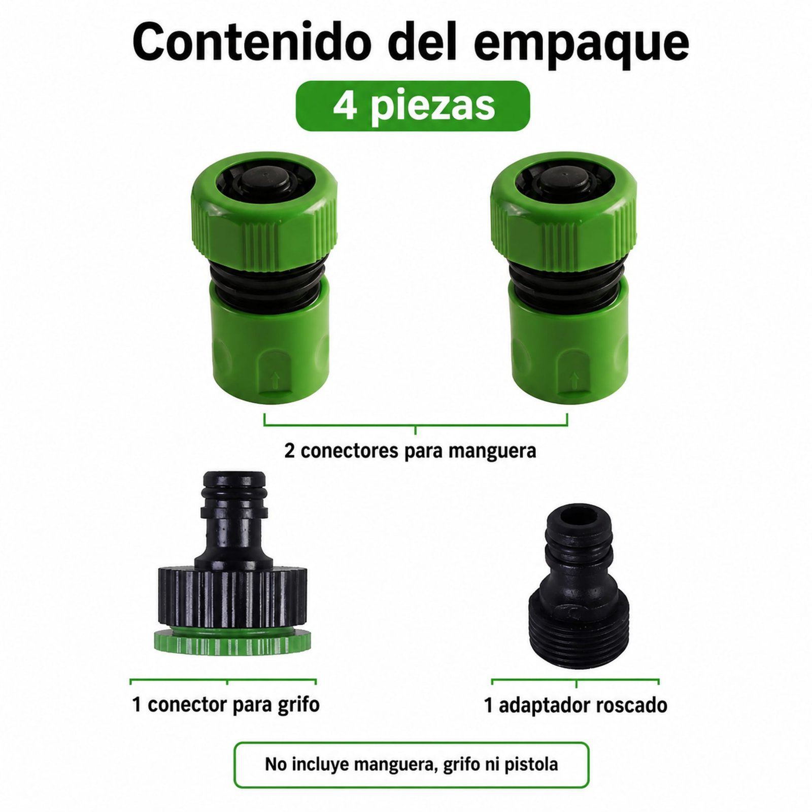 Contenido del set SKU 40024: dos conectores, un conector de grifo y un adaptador