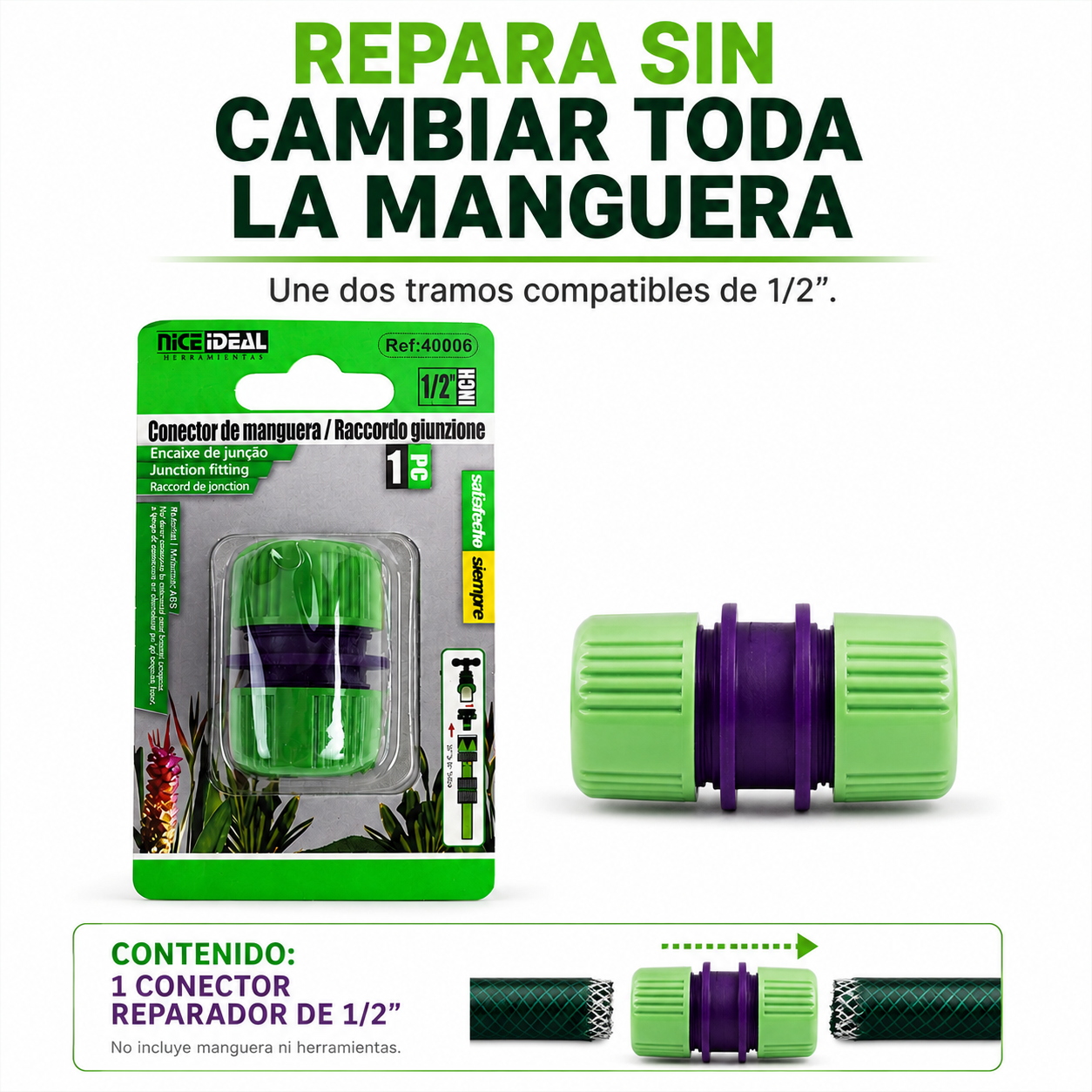 Beneficio de reparación y contenido: un conector reparador para manguera de 1/2 pulgada
