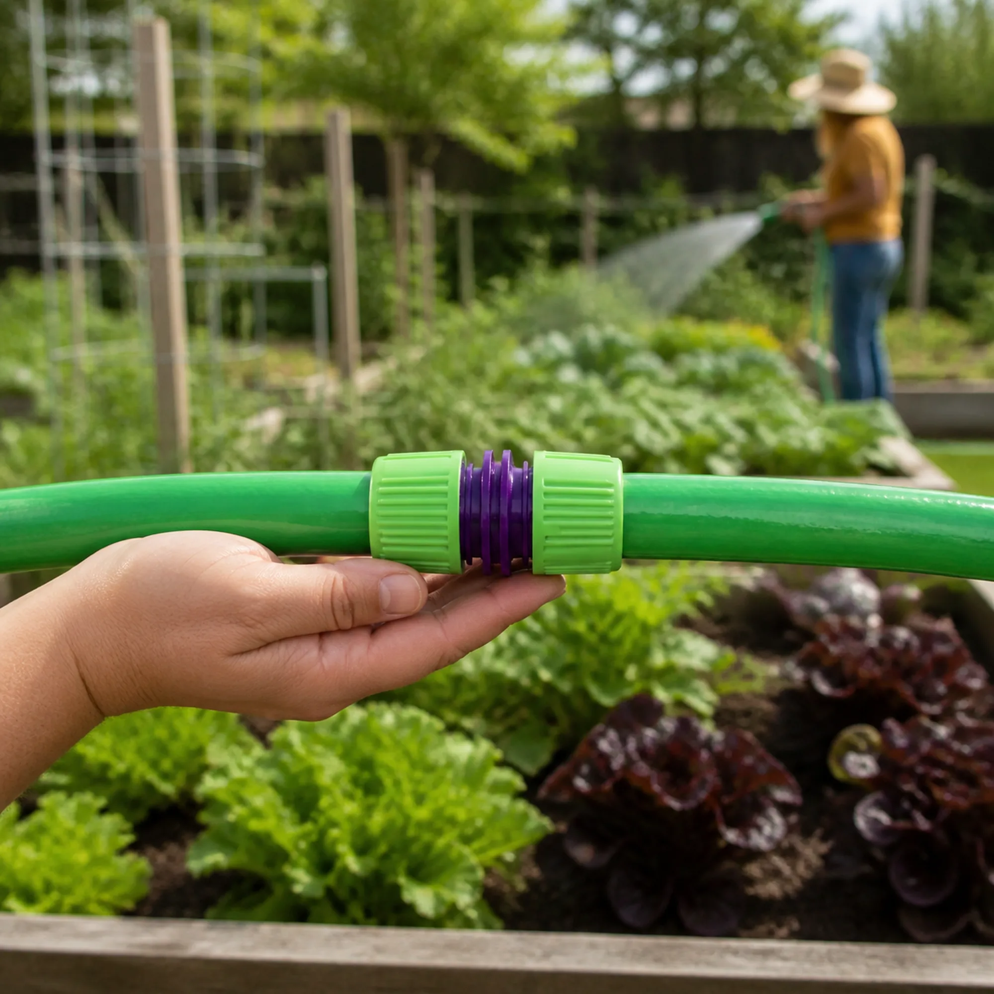 Conector verde y morado uniendo dos tramos de manguera para ampliar el riego