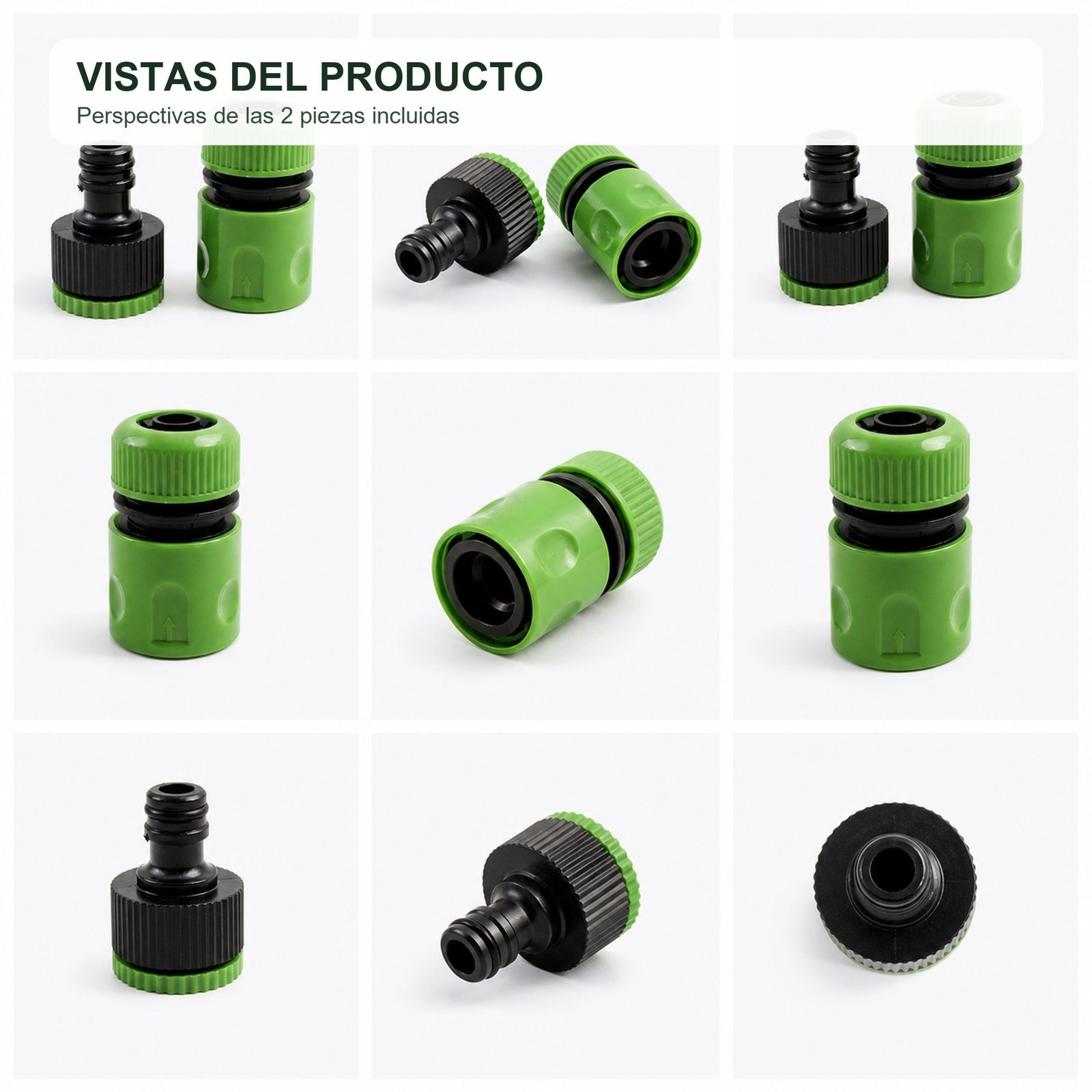 Vistas del conector de manguera y adaptador de grifo SKU 40015