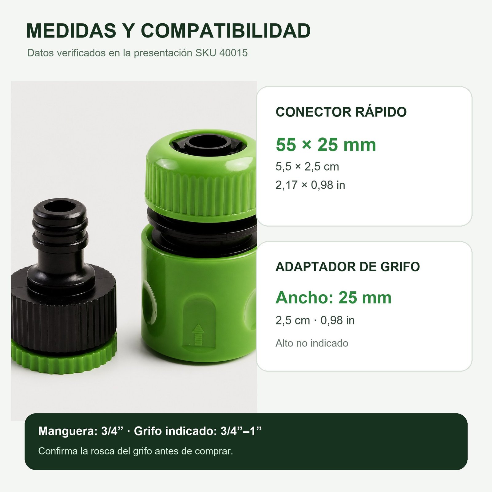 Medidas del conector rápido y adaptador de grifo SKU 40015