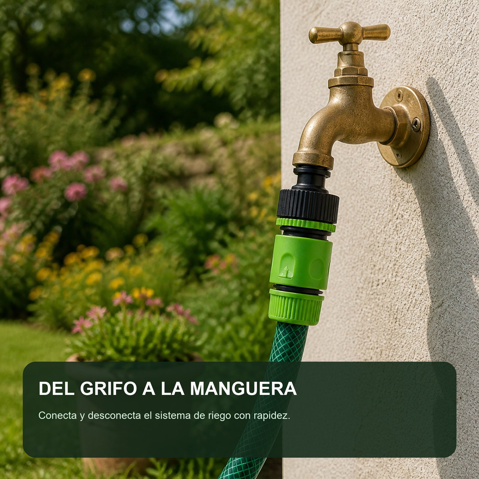Conector rápido uniendo un grifo con una manguera de jardín