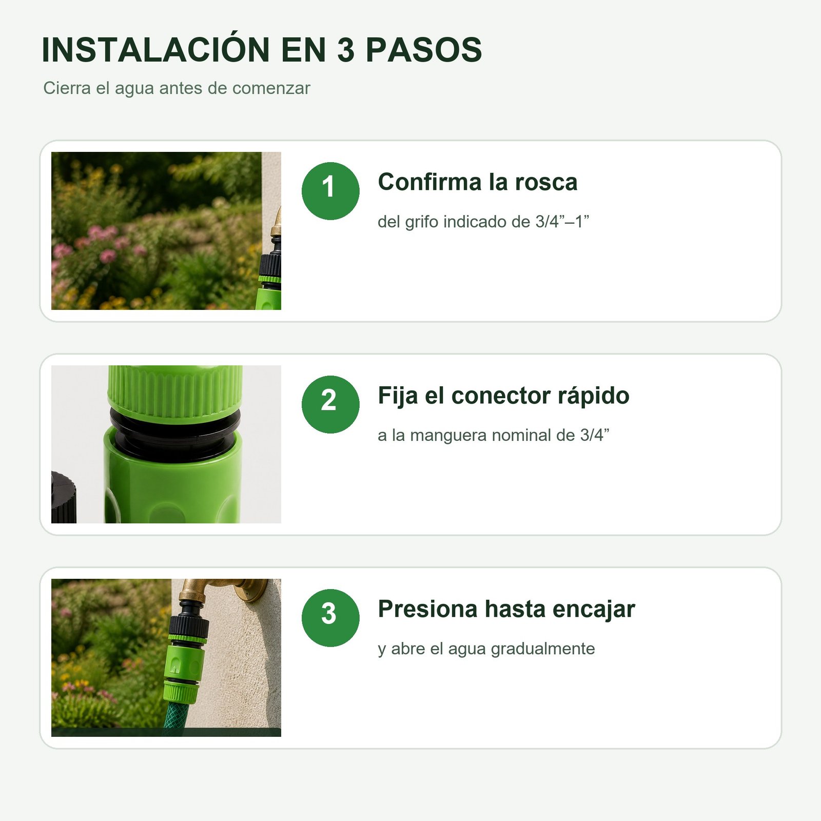 Instalación en tres pasos del set para conectar grifo y manguera