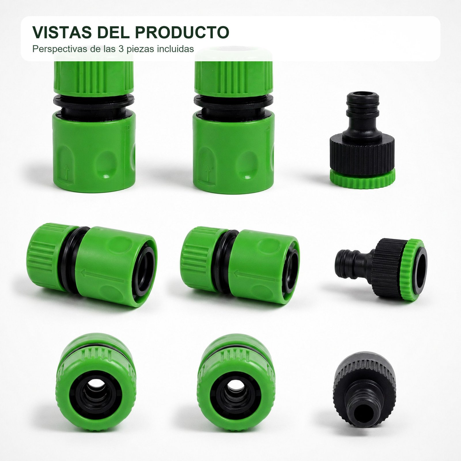 Vistas del set de tres conectores para manguera y grifo SKU 40013