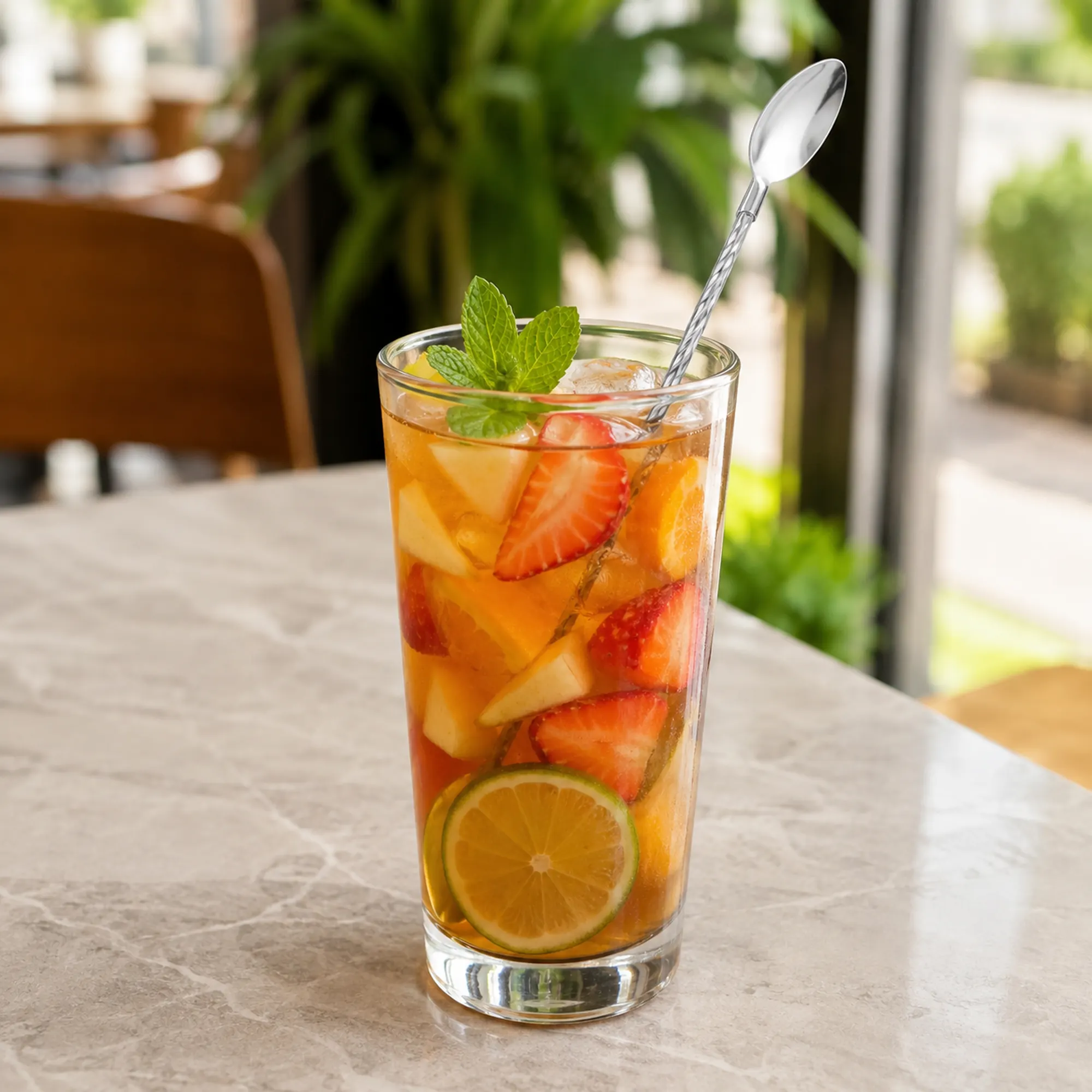 Bombilla cuchara de acero inoxidable en un vaso de té helado con frutas