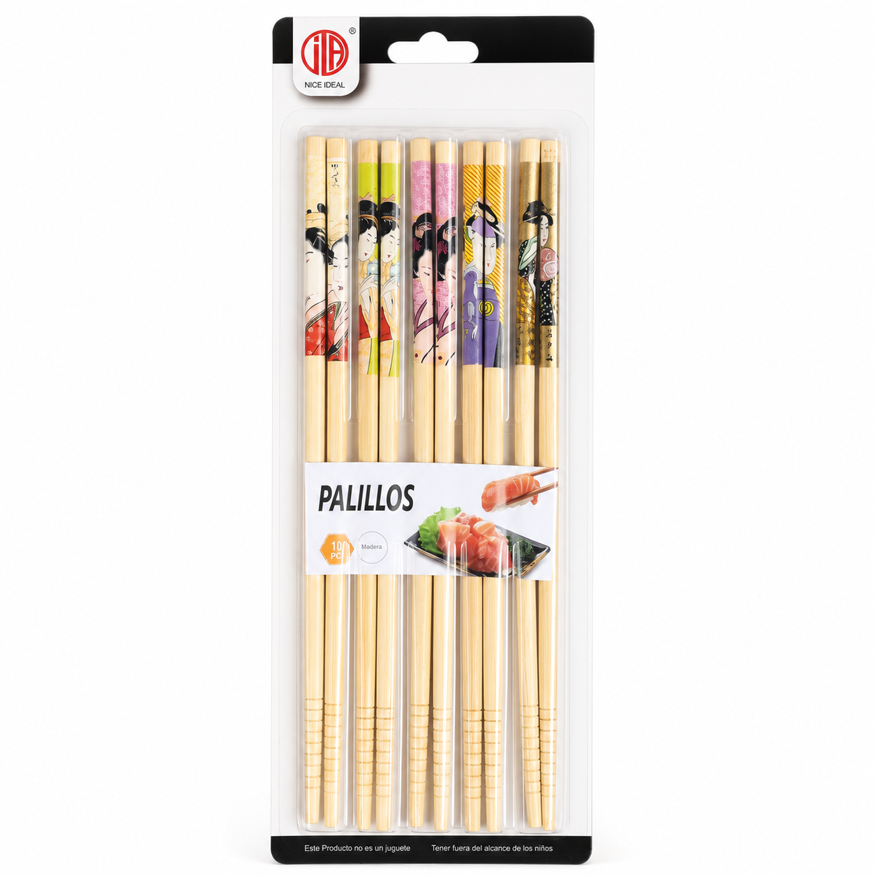 Set de 10 palillos japoneses de madera con diseños mixtos, 24 cm
