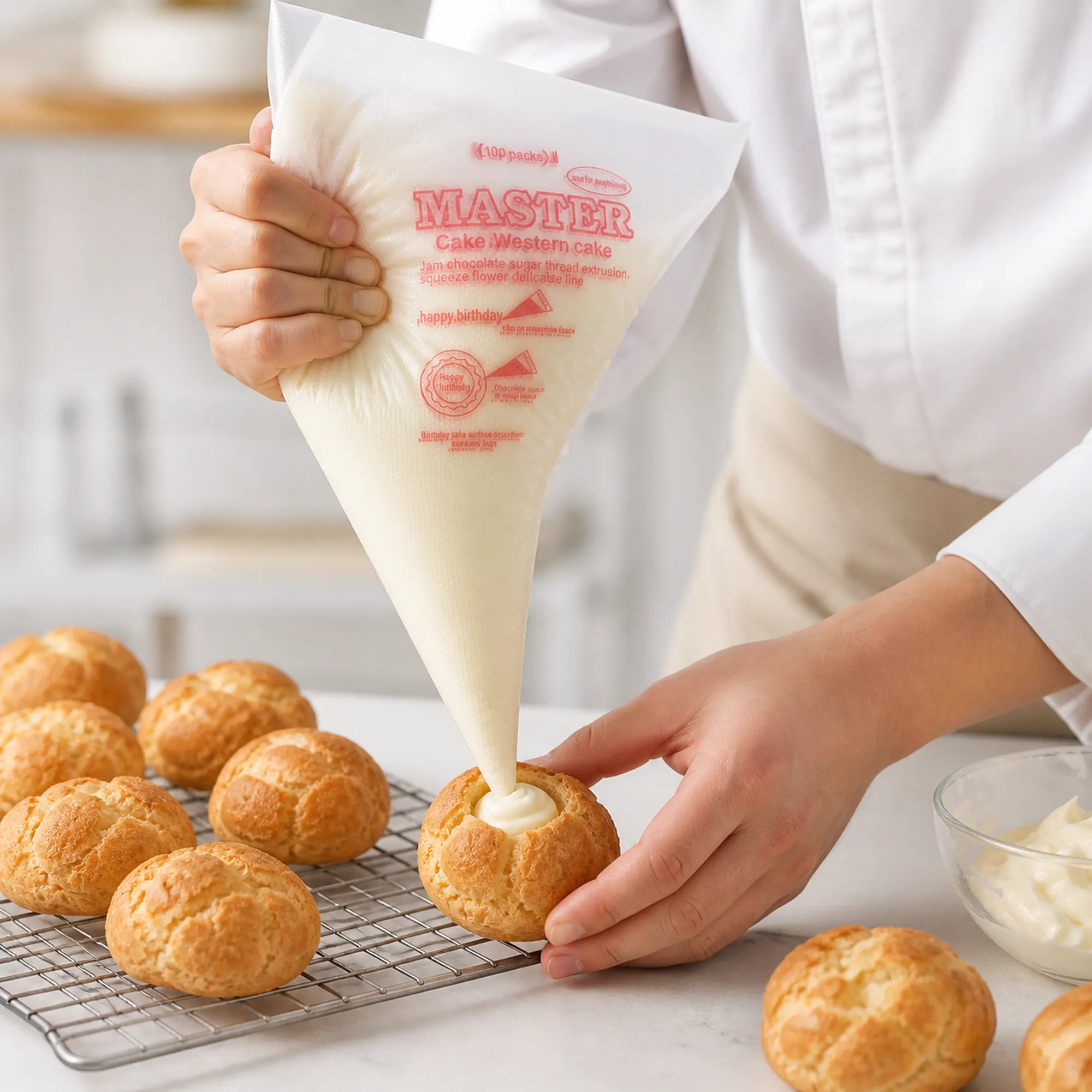 Manga pastelera desechable grande rellenando profiteroles