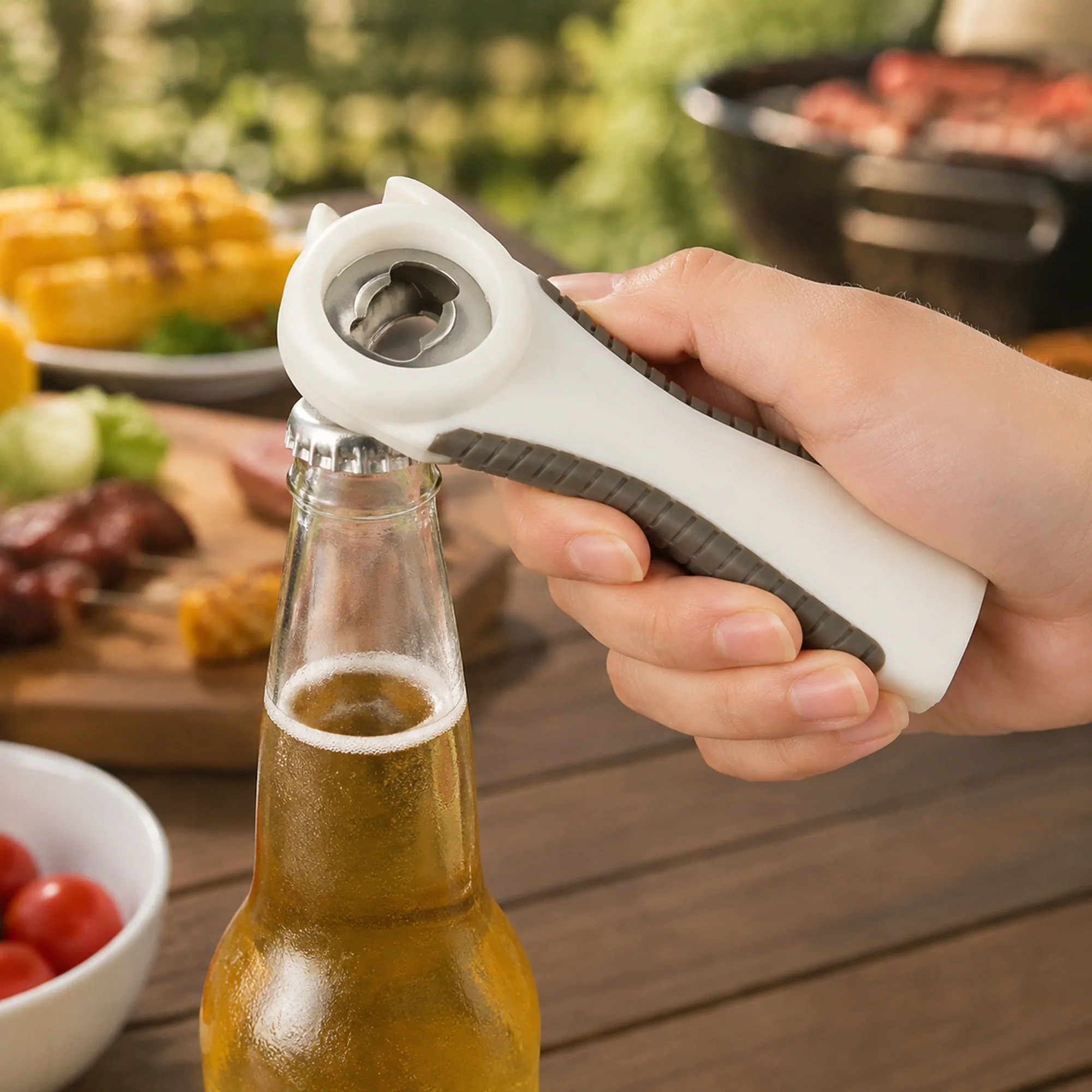 Abrebotellas blanco y gris usado en una parrillada