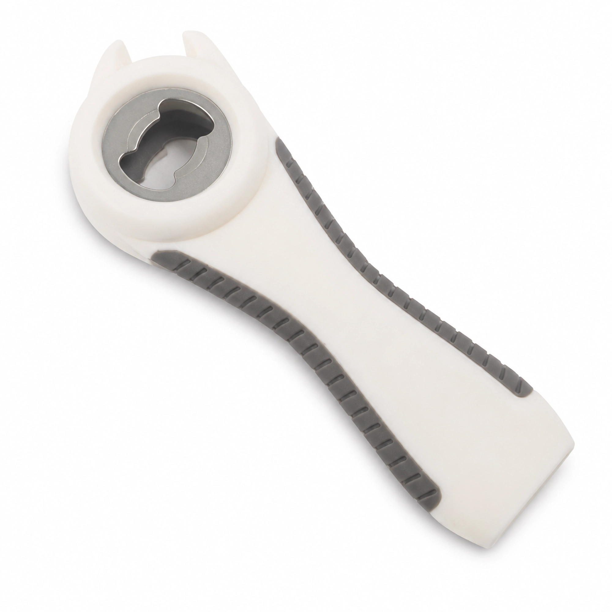 Abrebotellas manual blanco y gris con mango antideslizante