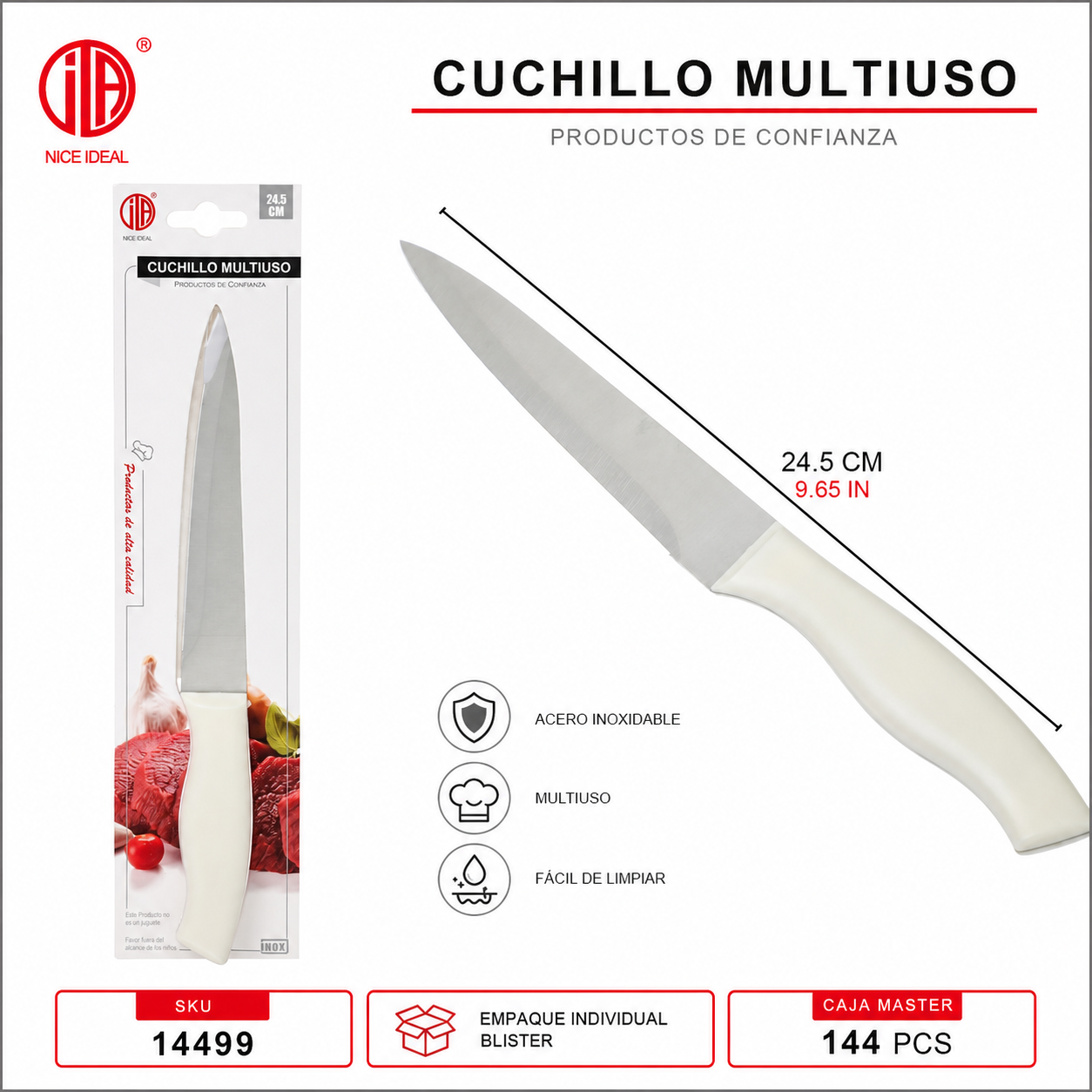 Cuchillo multiuso de acero inoxidable, mango blanco, 24,5 cm - Imagen 4