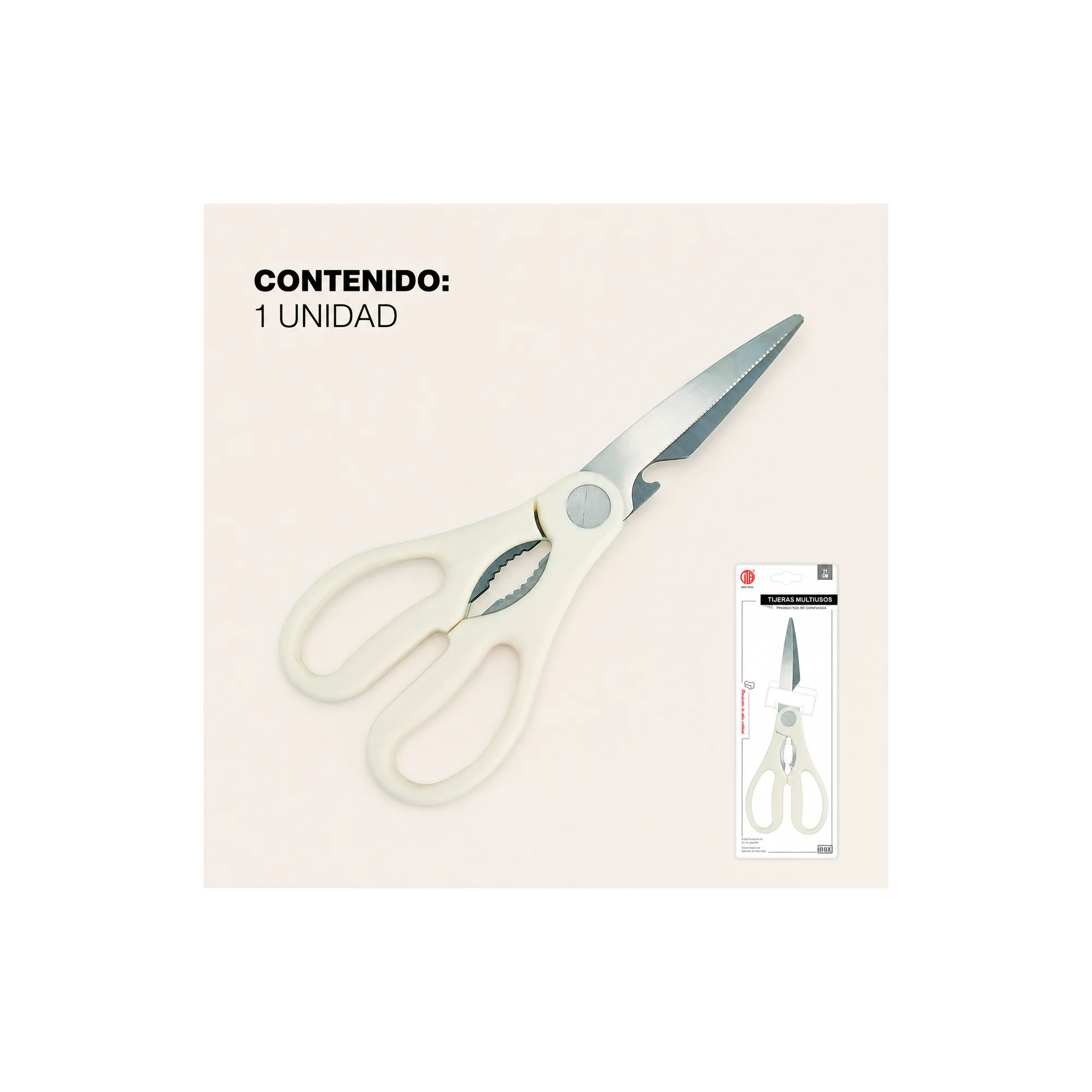 Contenido del paquete con una tijera de cocina multiuso