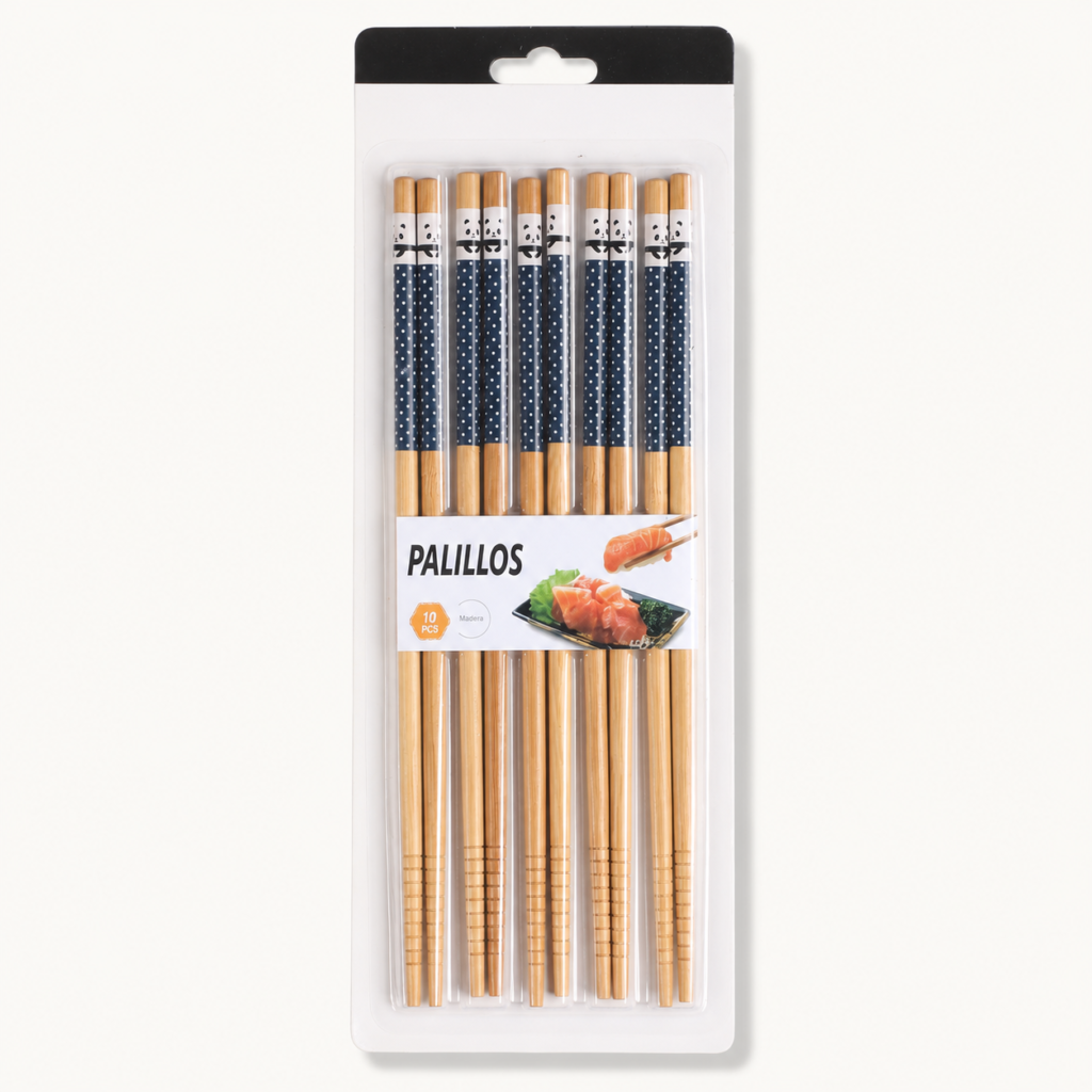 Set de 10 palillos de madera con diseño panda azul marino, 24 cm