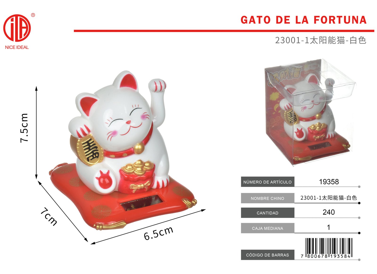 Gato solar decorativo blanco con base roja, figura de 7,5 cm para hogar y oficina - Imagen 2